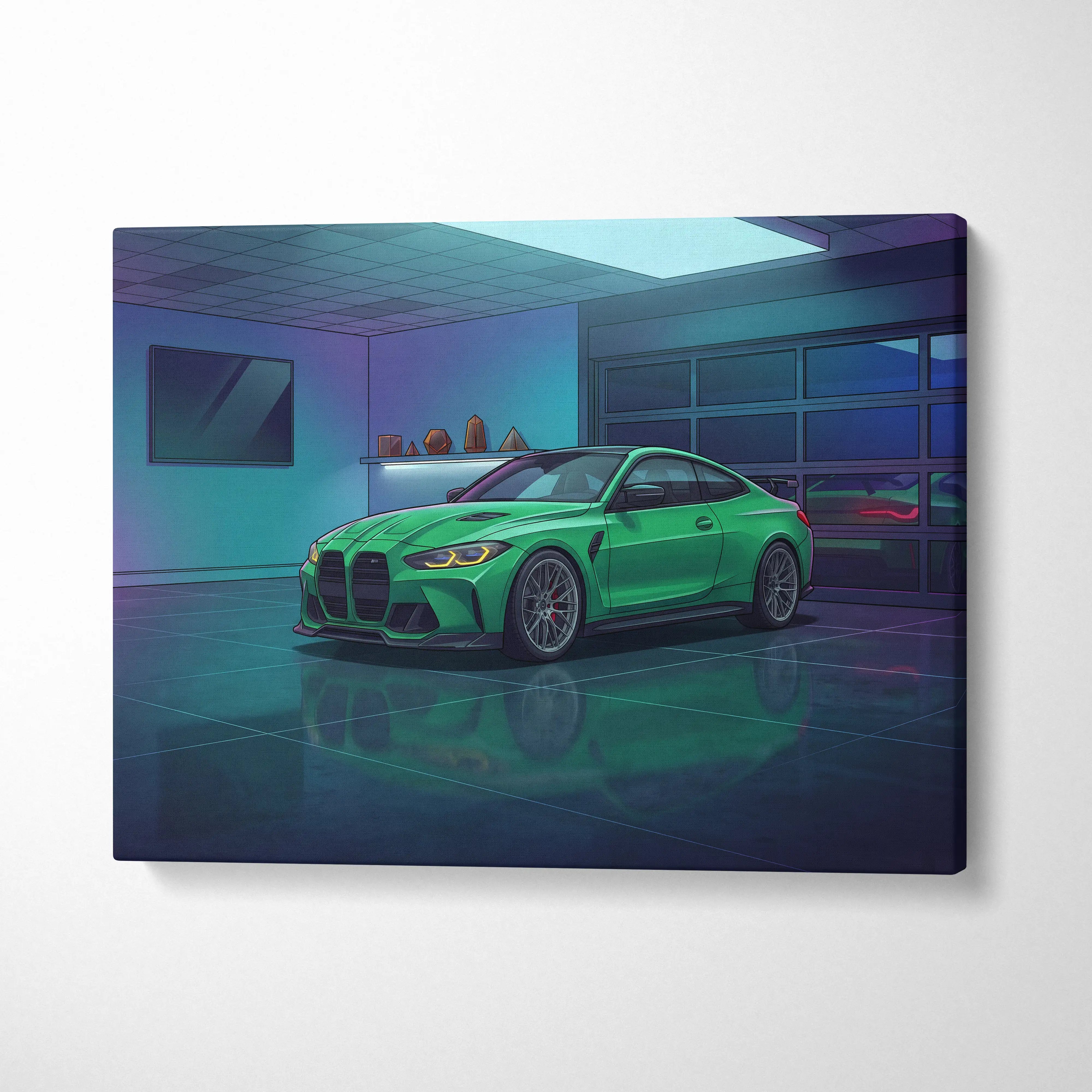 BMW M4 Inspired Vaporwave Car Canvas - Vaporwave Car Neon Green Blue Purple Bedroom Retro Futurism Nostalgic Vaporwave Wall Art