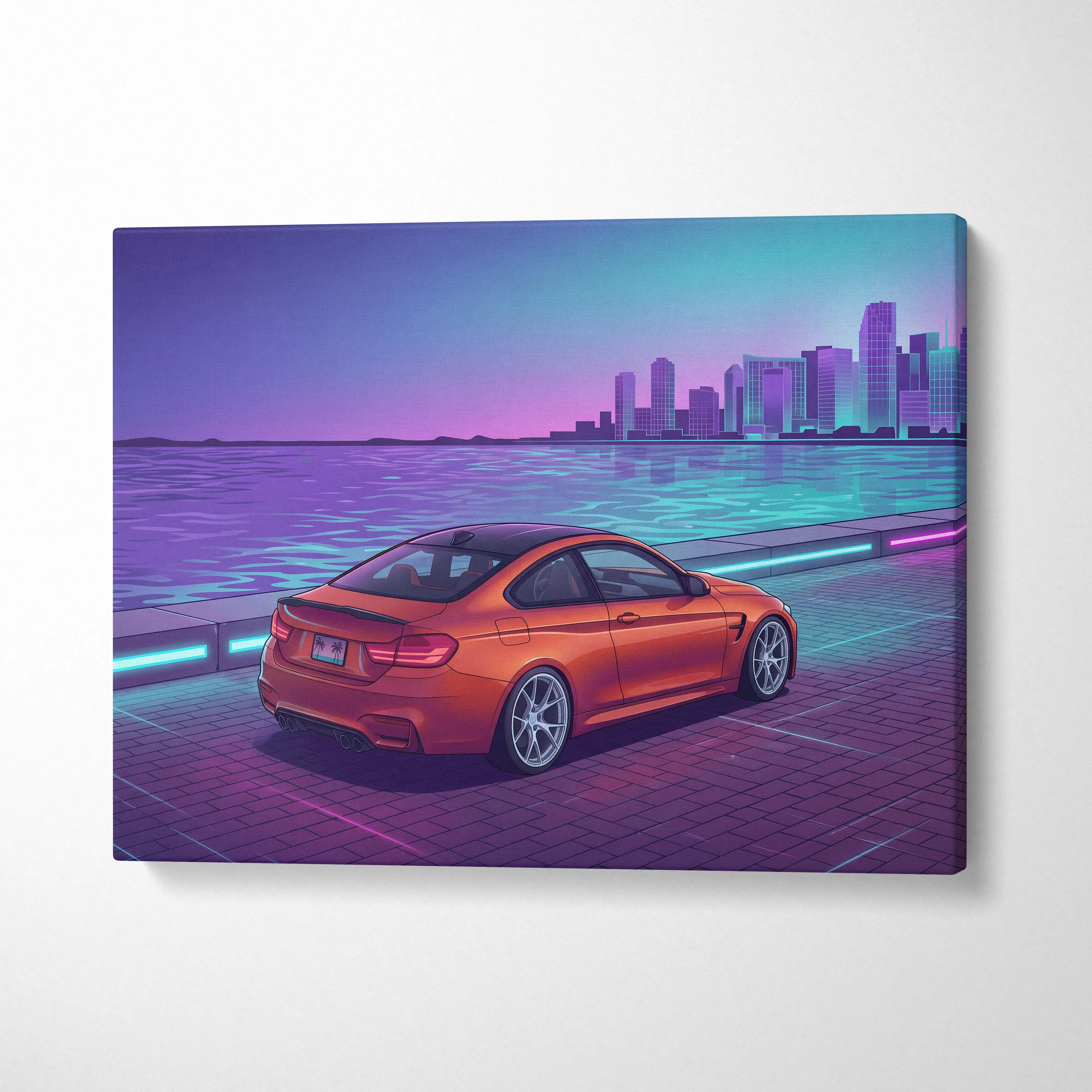 BMW M4 Inspired Orange Purple Canvas Wall Art Vaporwave Sports Car Artwork Neon Waterfront Garage Decor Retro Futuristic City Print