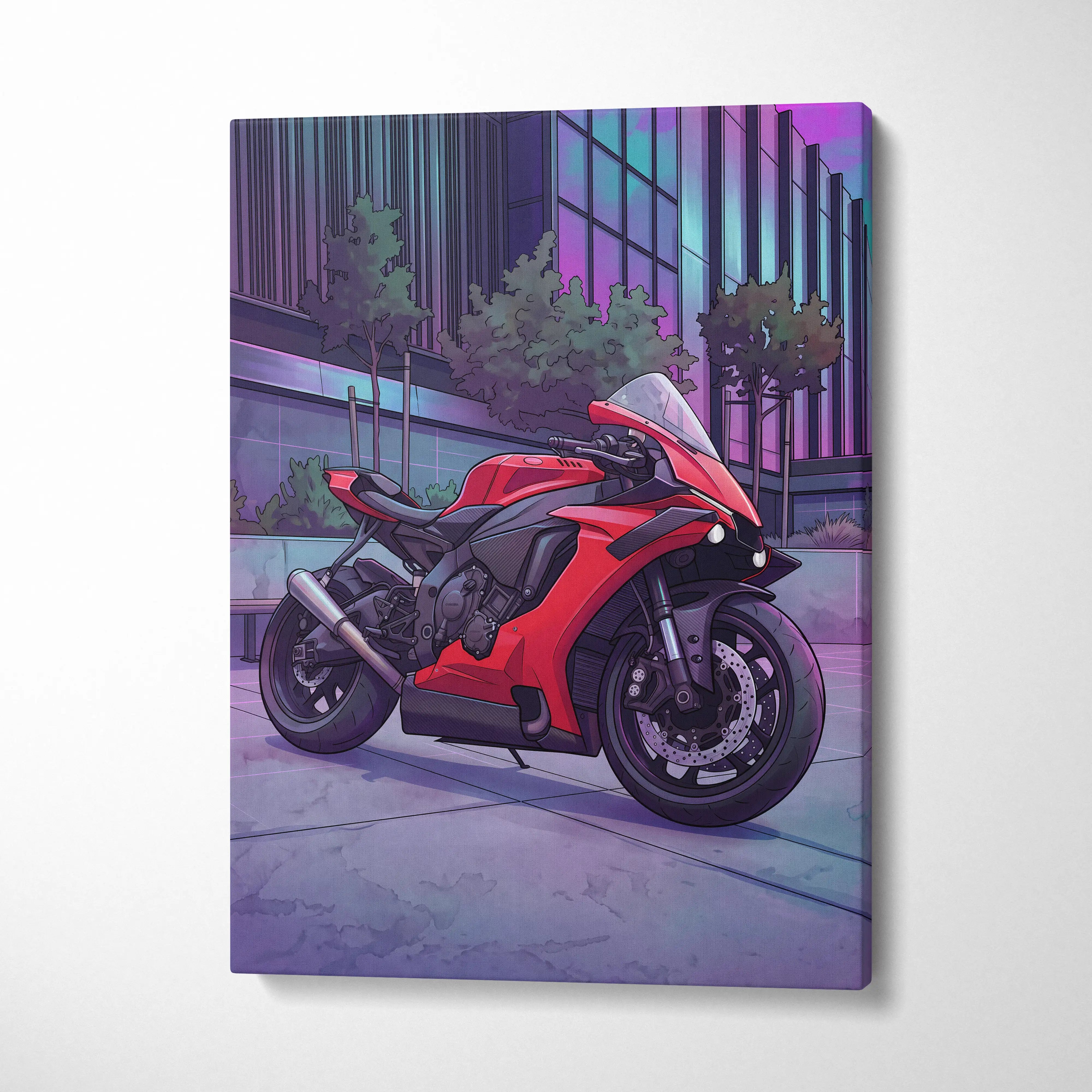 Yamaha R1 Inspired Red Purple Motorcycle Canvas Wall Art Vaporwave Neon City Sportbike Garage Decor Modern Racing Artwork