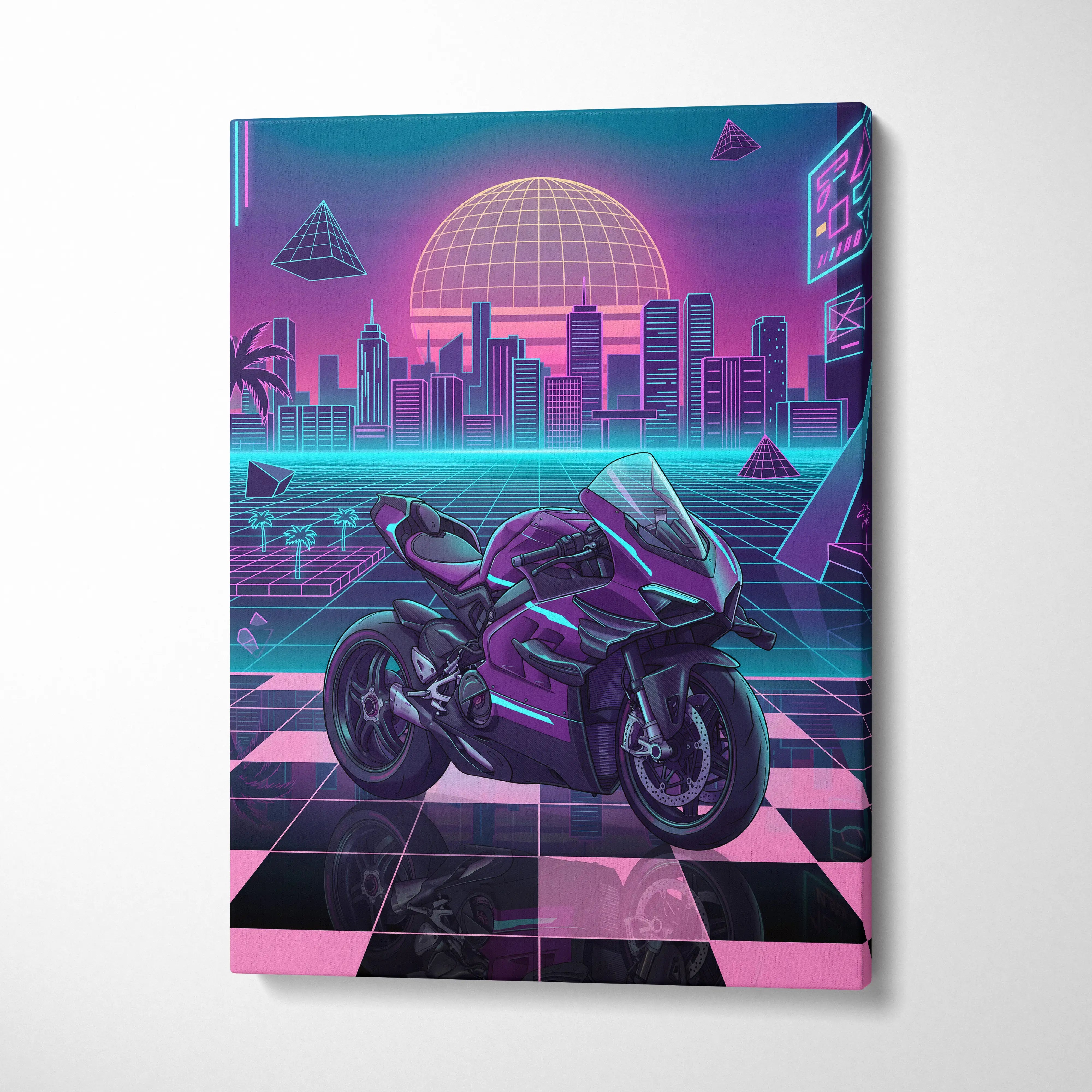 Ducati Panigale V4 Superleggera Inspired Purple Pink Motorcycle Canvas Wall Art Vaporwave Neon City Superbike Artwork for Garage Decor Retro Futuristic Print