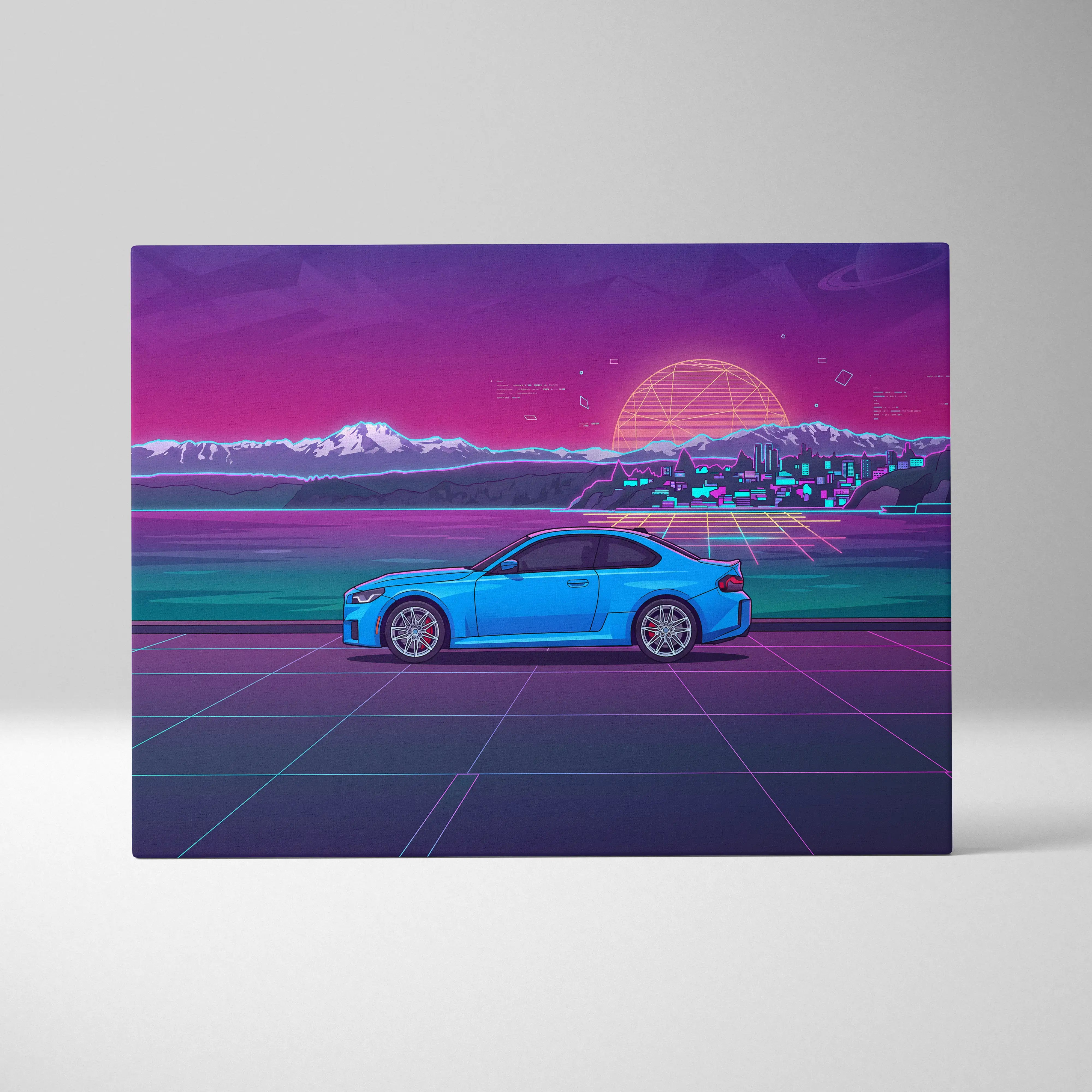 BMW M2 Inspired Vaporwave Car Canvas - Car Neon Purple Pink Blue Living Room Vaporwave Nostalgic Neon Glow Cityscape Grid Canvas Print