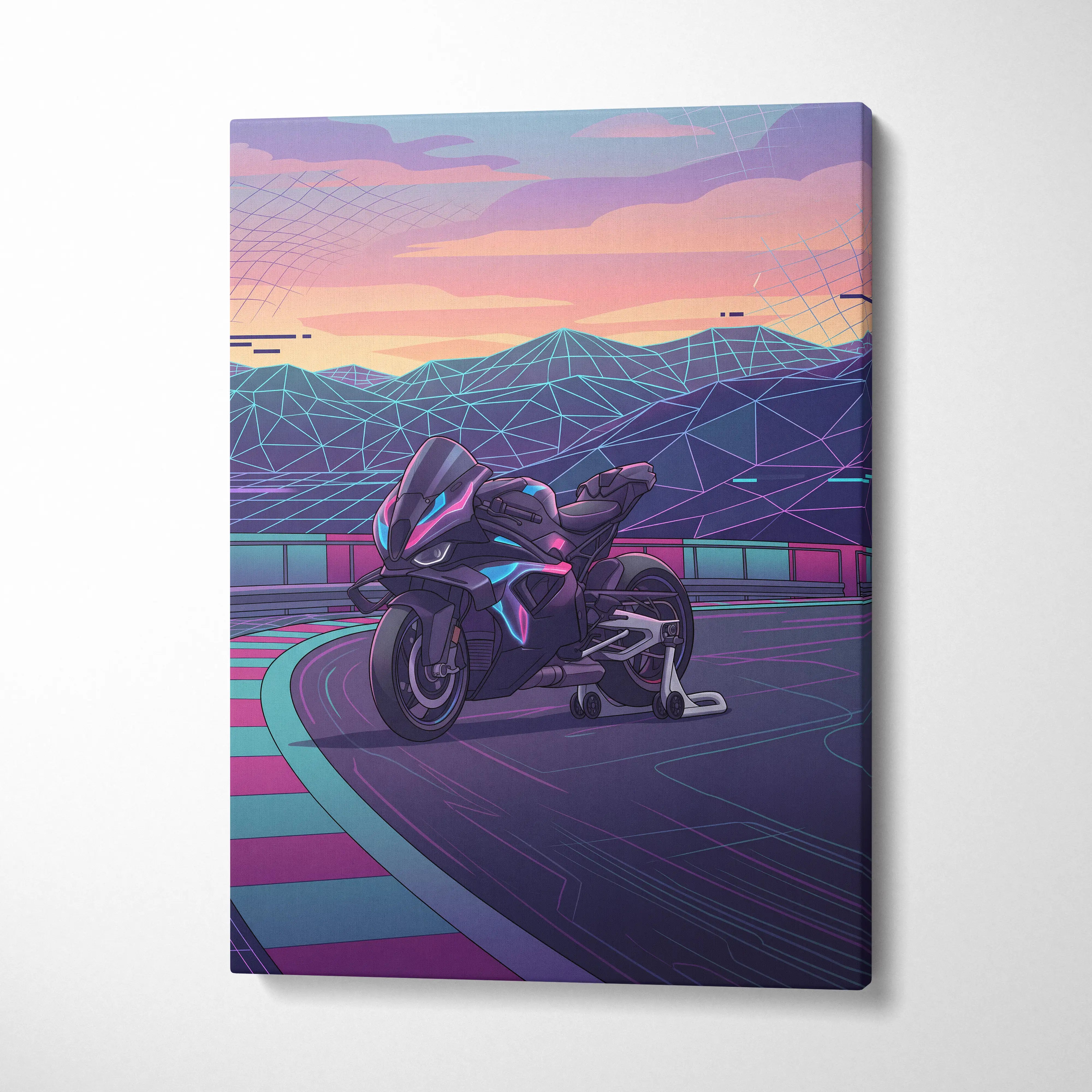 BMW M1000RR Inspired Black Purple Motorcycle Canvas Wall Art Vaporwave Neon Track Sportbike Garage Decor Futuristic Racing Artwork