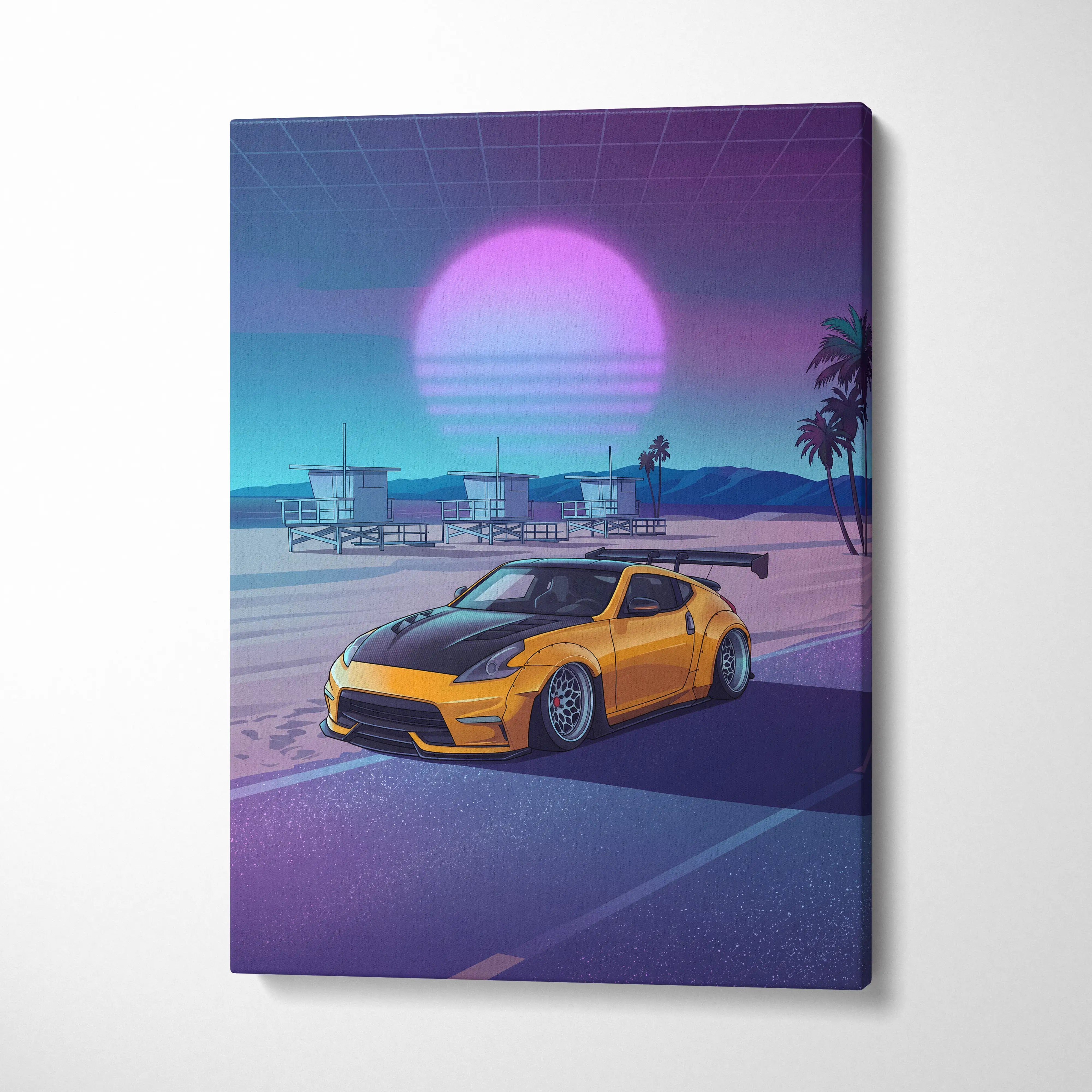 Nissan 370Z Inspired Yellow Purple Beach Canvas Wall Art Vaporwave JDM Car Artwork, Neon Sunset Coastal Garage Decor Retro Futuristic Print