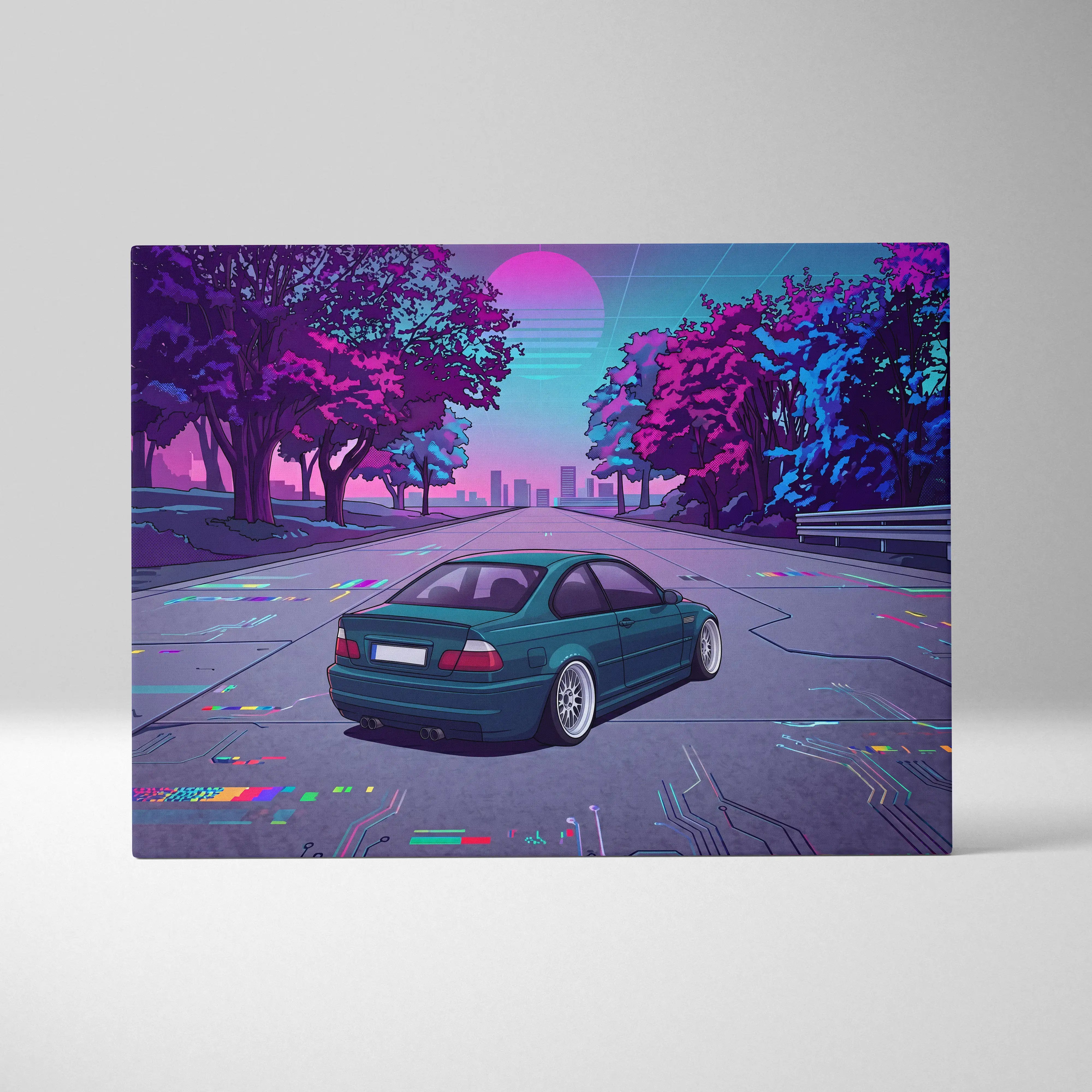 BMW M3 Inspired Vaporwave Car Canvas - Car Artwork Neon Pink Teal Living Room Retro-Futurism Mood Nostalgia Vaporwave Canvas