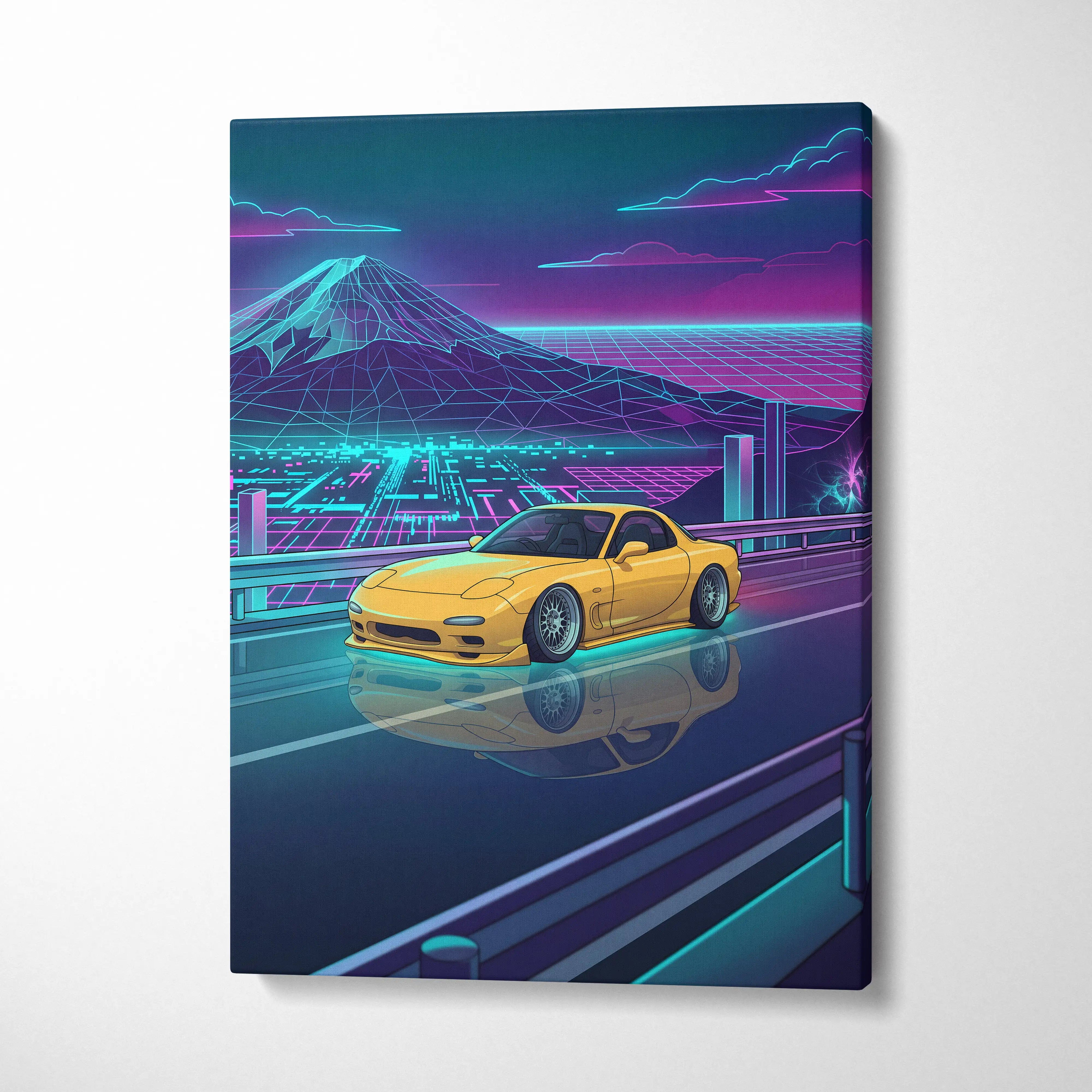 Mazda RX-7 FD Inspired Yellow Teal Canvas Wall Art Vaporwave JDM Sports Car Artwork Neon Mountain Road Garage Decor Retro Futuristic Night Print