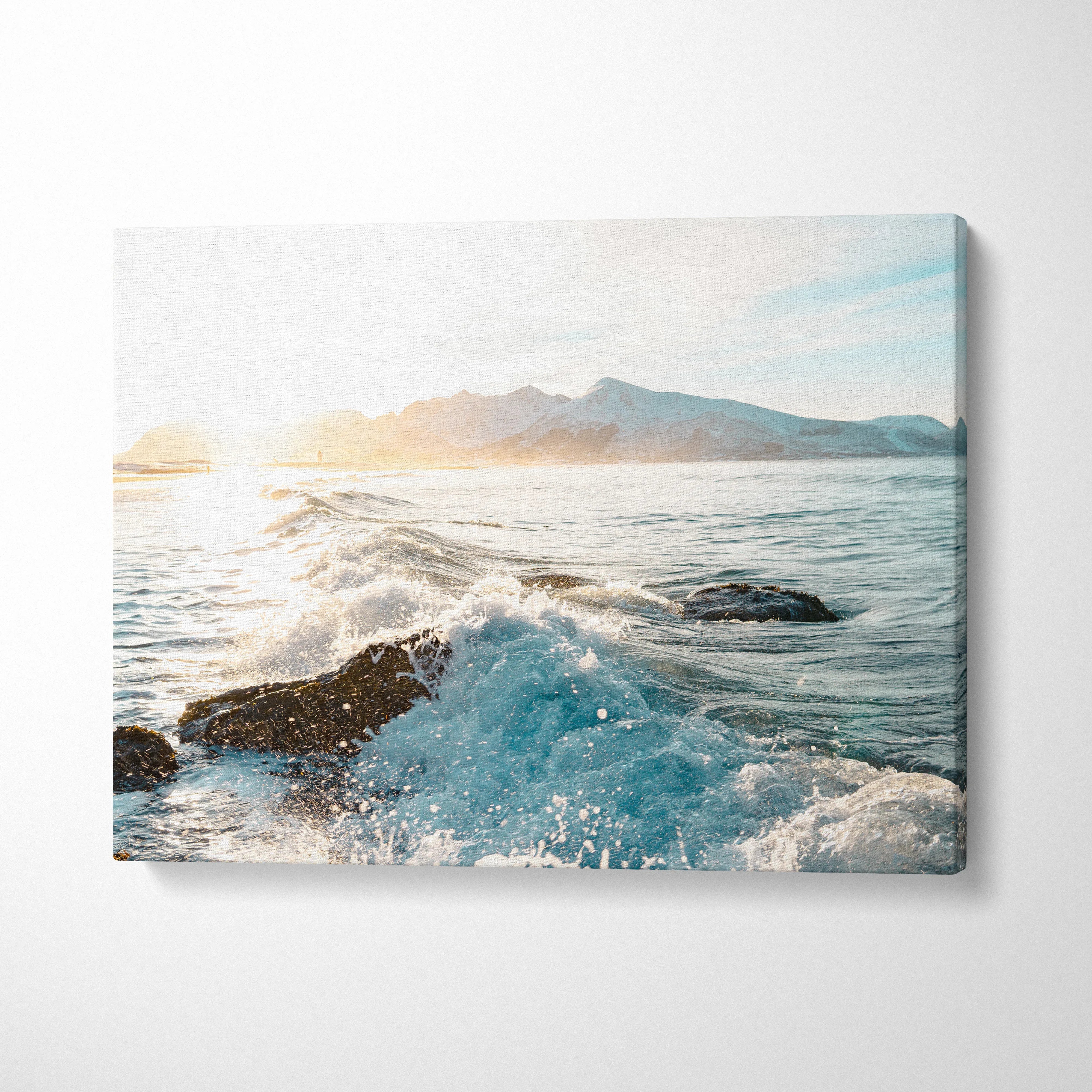 Nordic coastal canvas print: turquoise waves on Norwegian rocks in blue tones