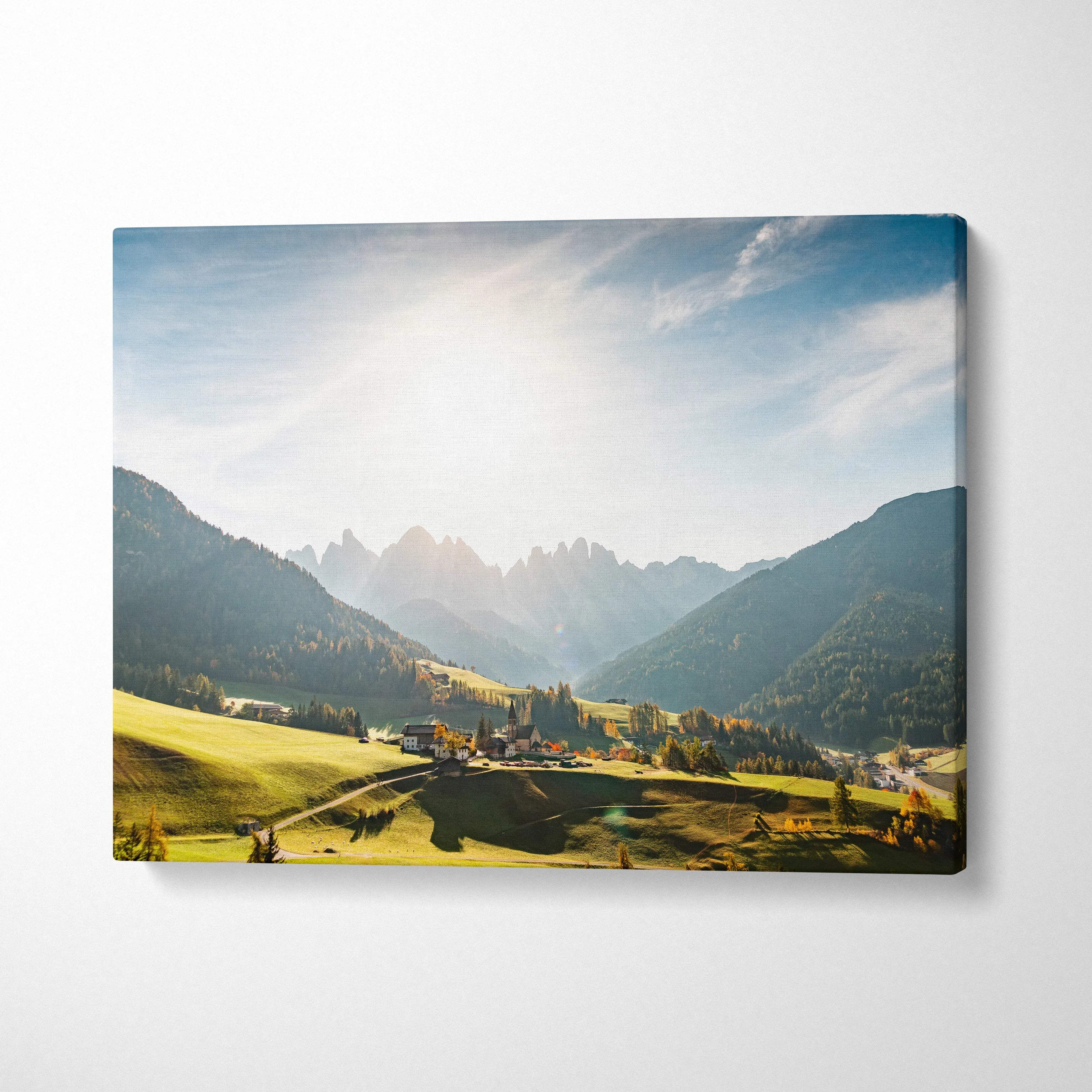 Val Di Funes valley canvas wall art with serene alpine hillside and golden light