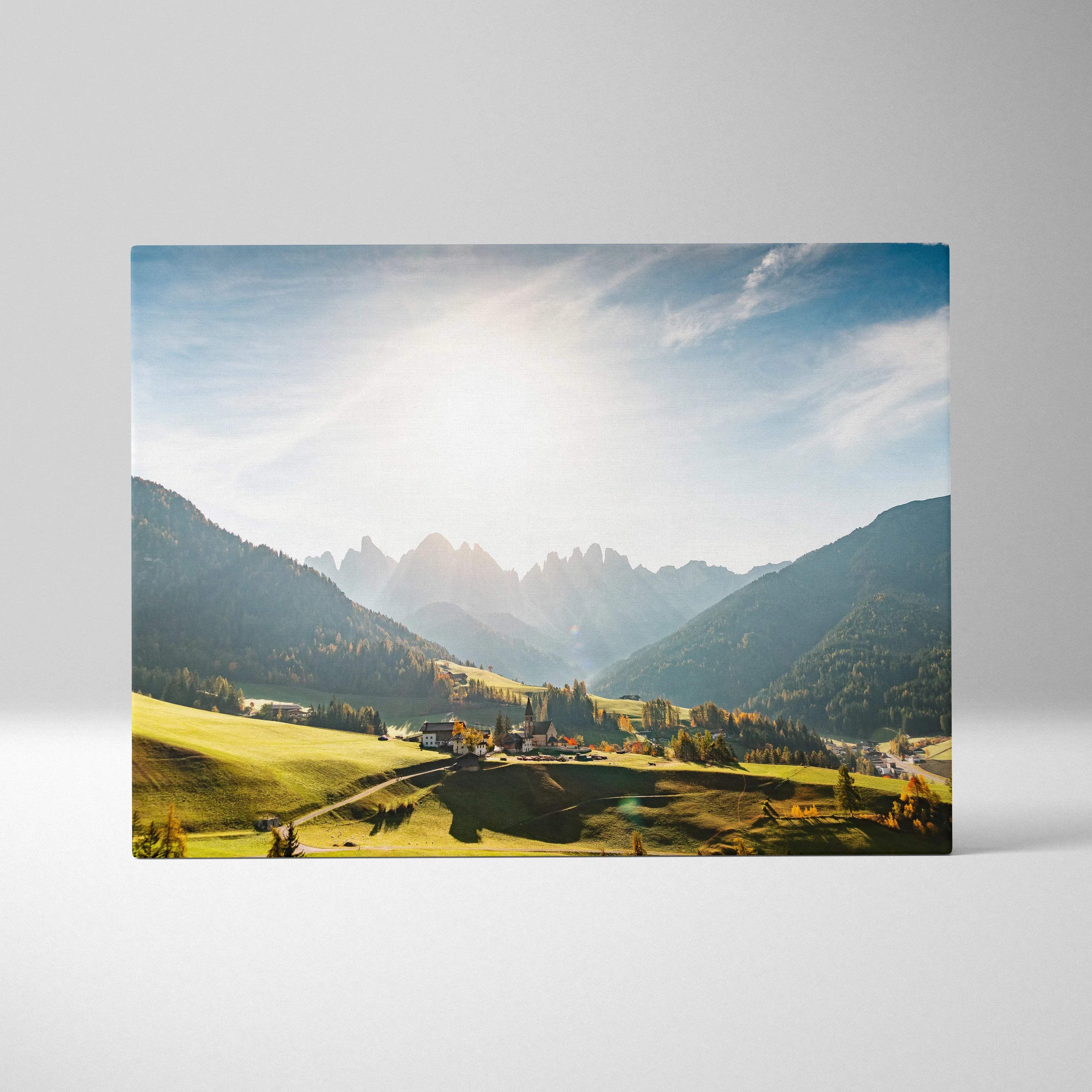 Val di Funes valley canvas print: serene alpine hillside with golden light