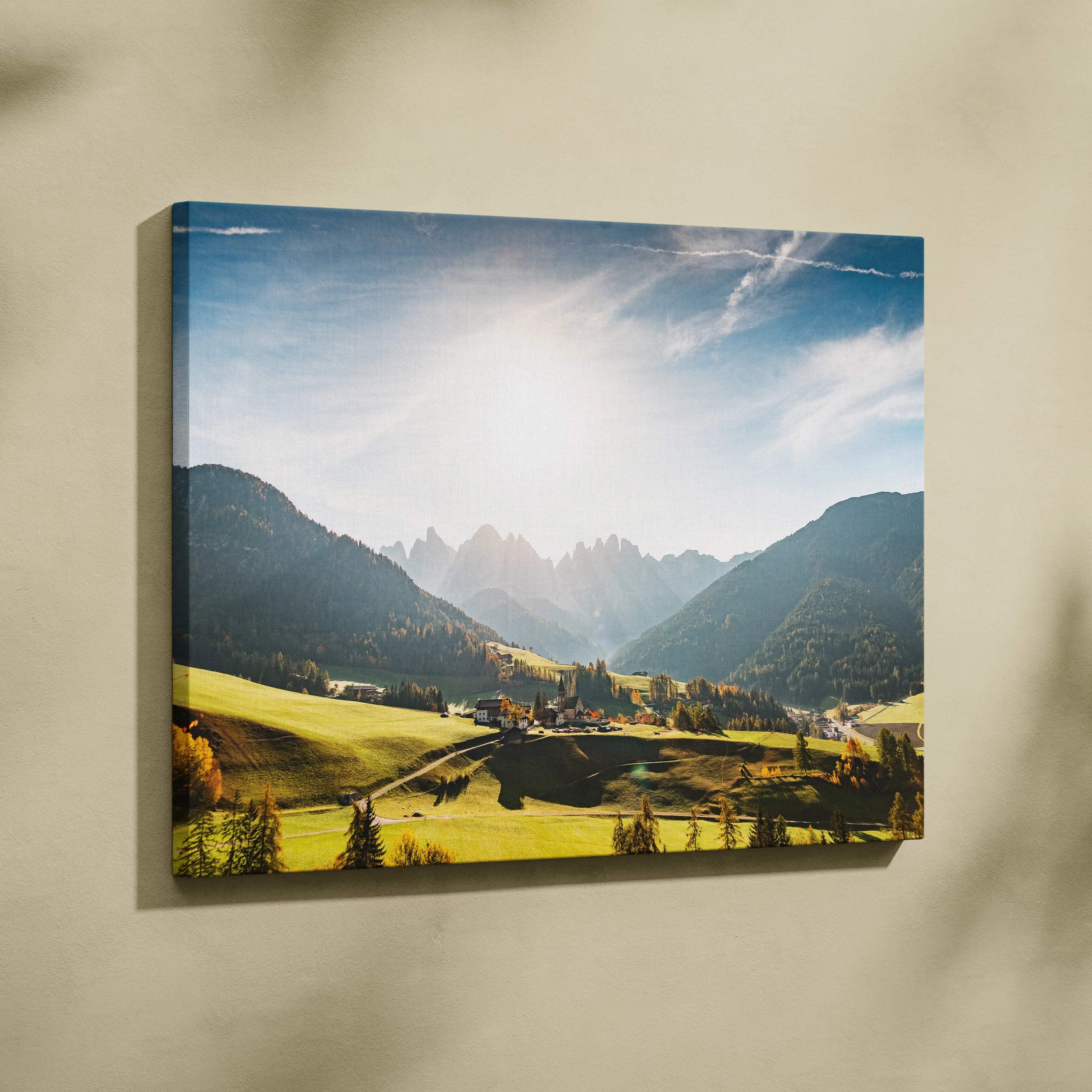 Canvas print of Val Di Funes Valley serene alpine hillside with golden light