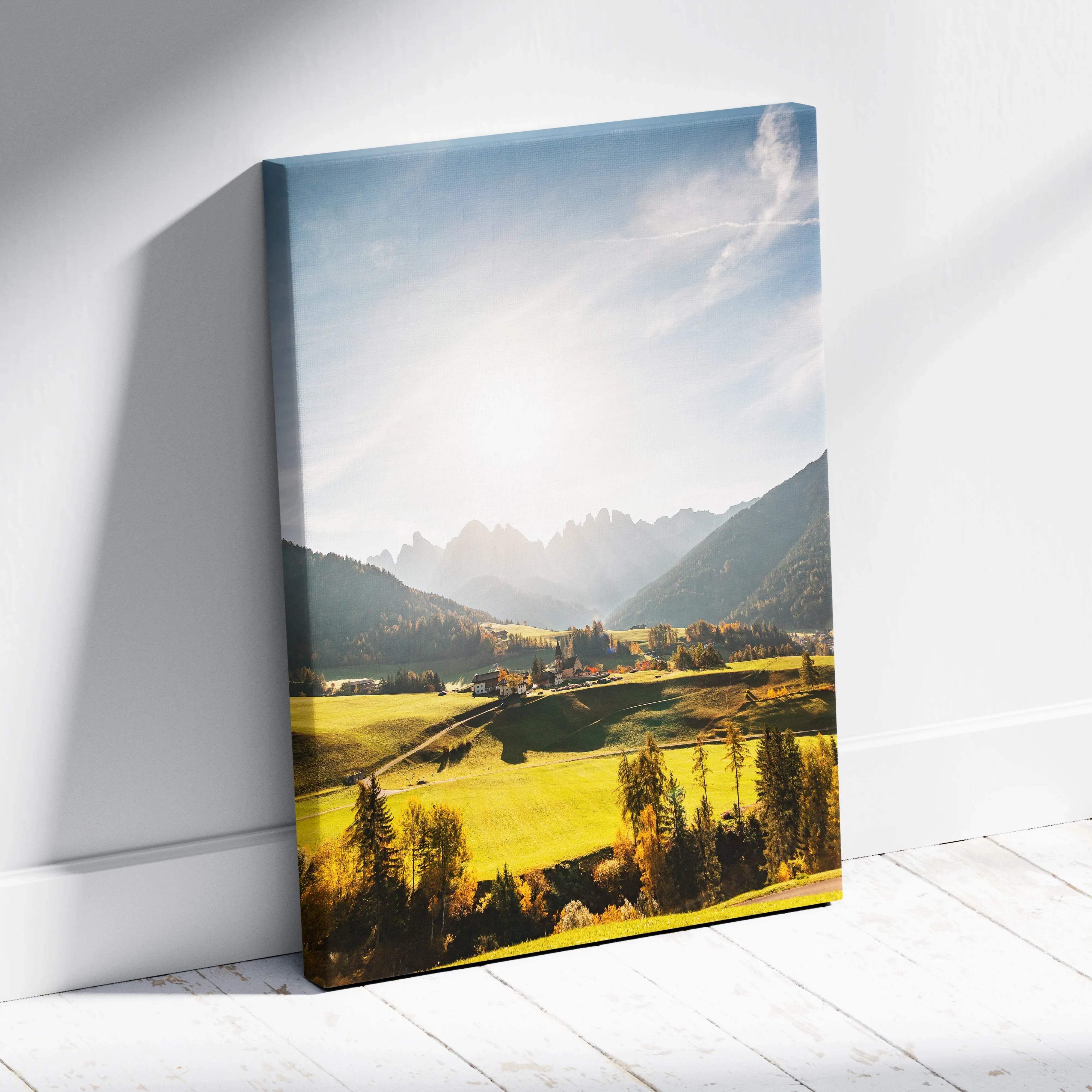 Canvas print of Val Di Funes Dolomites: golden fields, peaks, blue sky