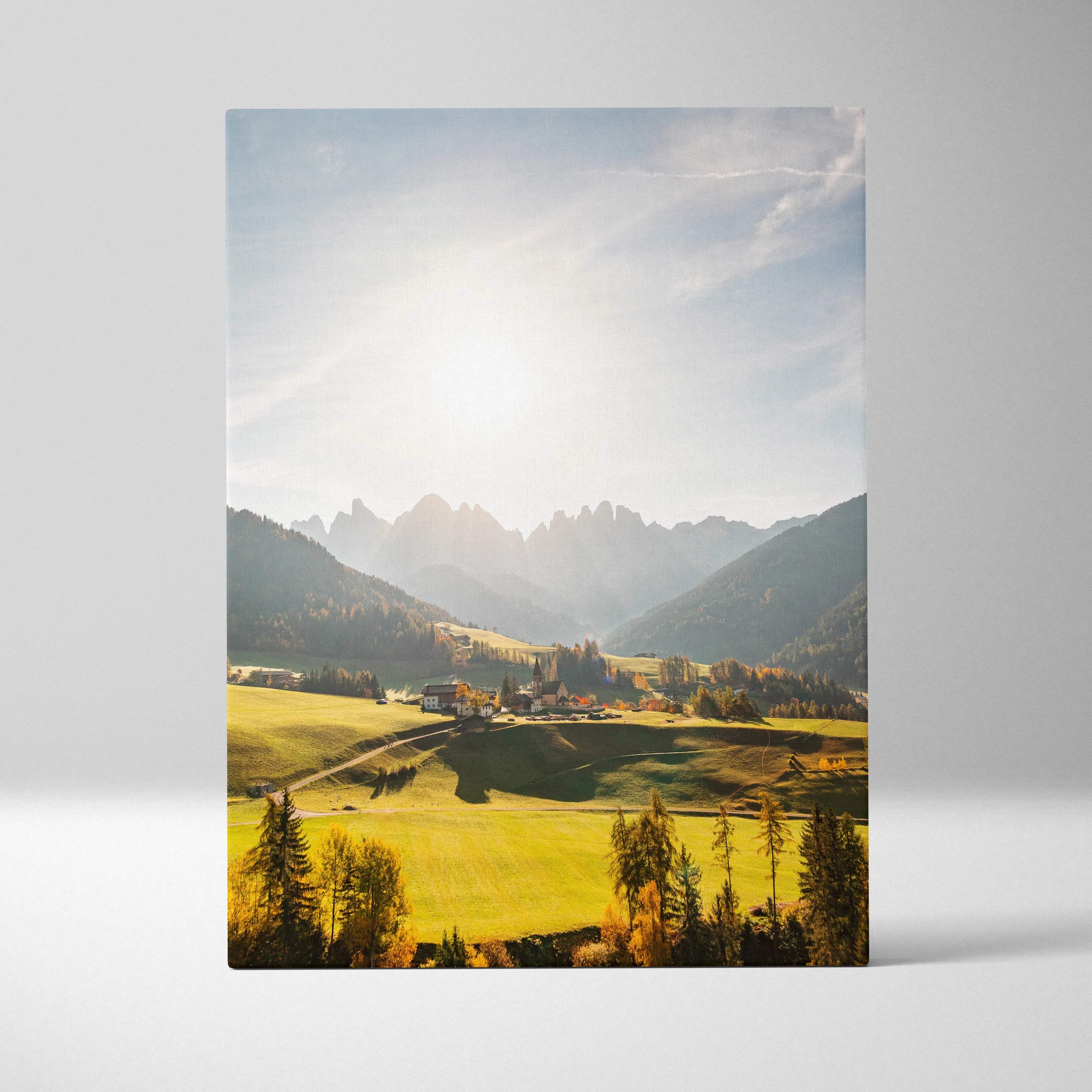 Val Di Funes Dolomites canvas print of sunlit mountain valley