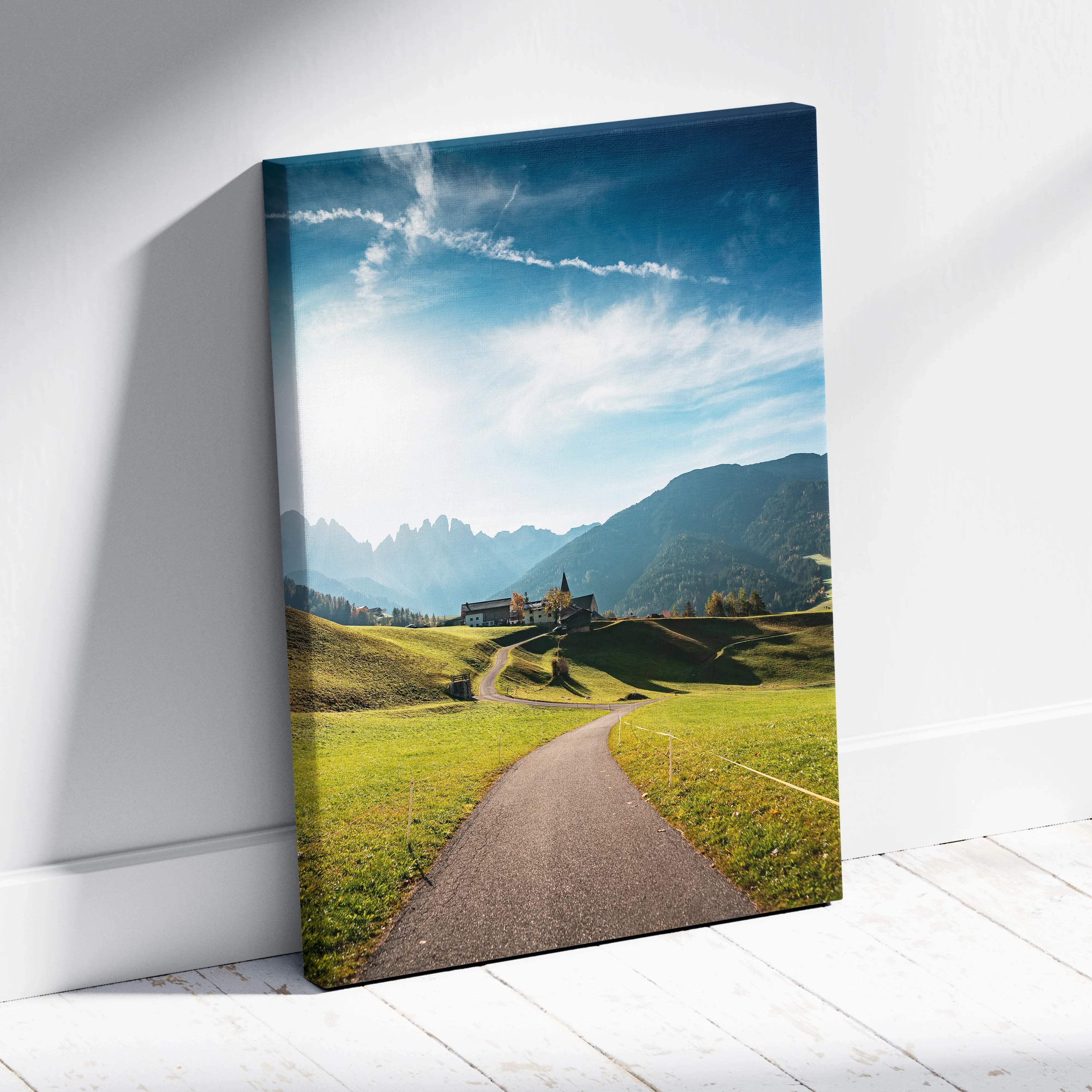 Val di Funes Dolomites canvas art: path to village in mountains