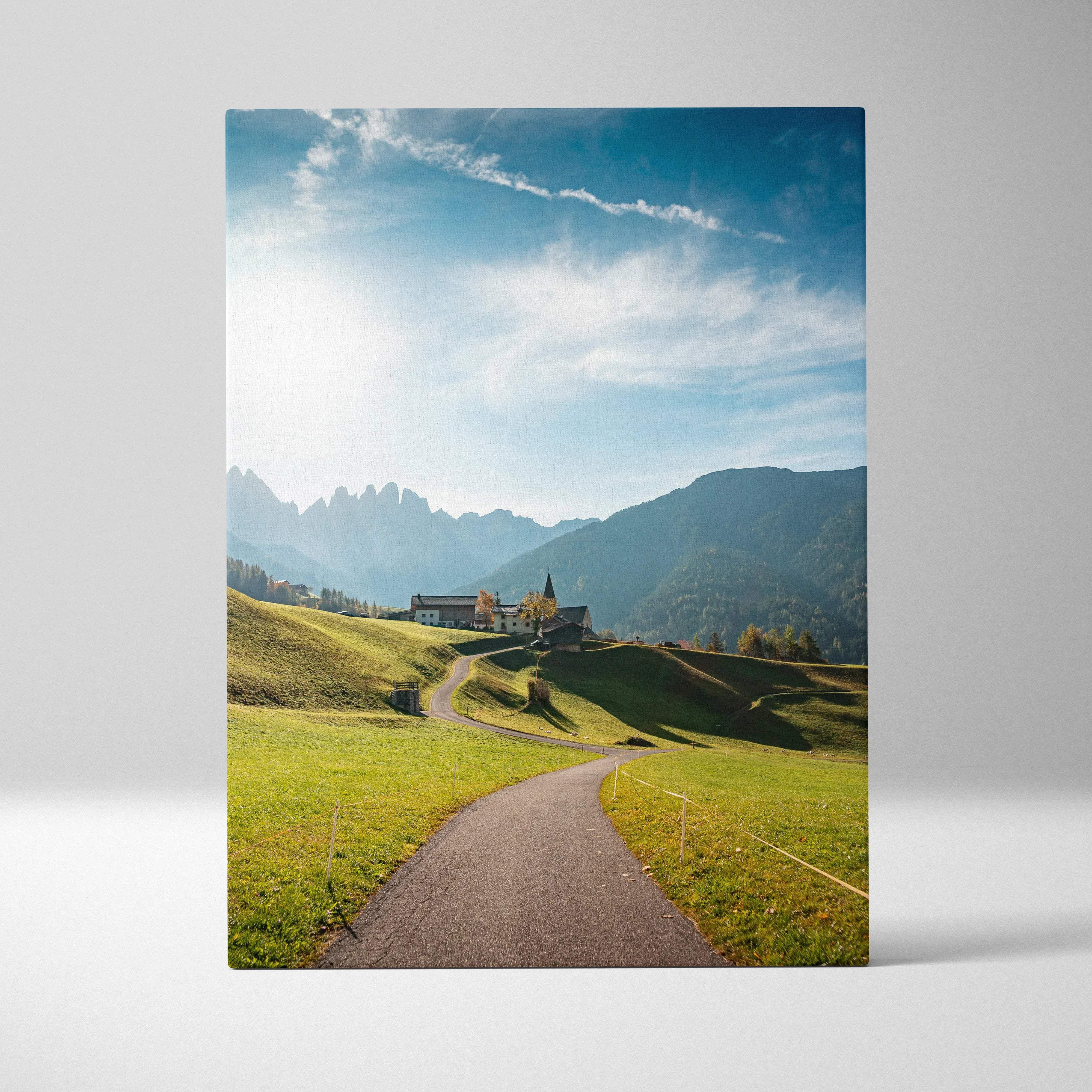 Val di Funes Dolomites canvas print of alpine valley farmstead church