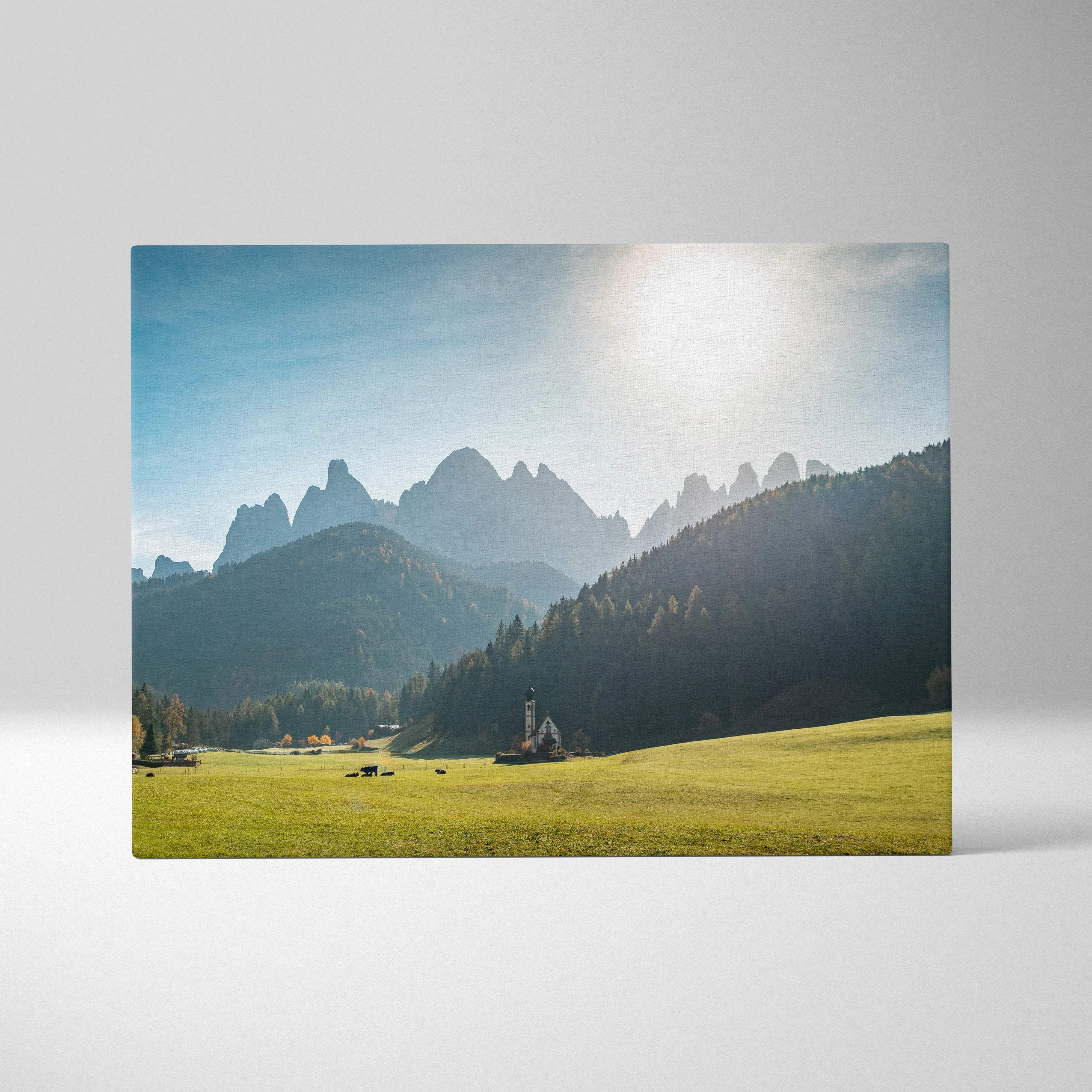 Canvas print of Val di Funes mountain range at golden sunset