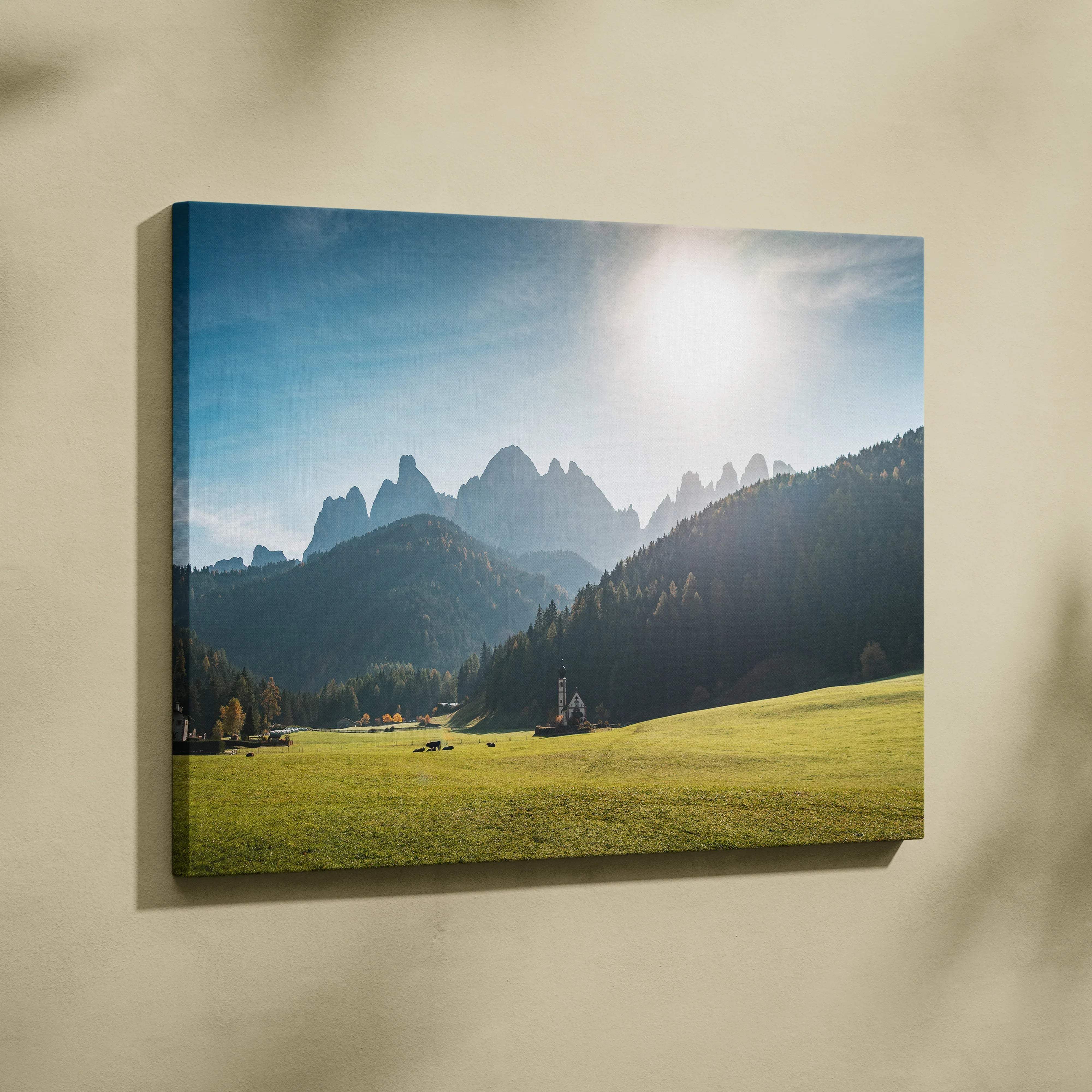 Canvas print of Val di Funes mountain range at golden sunset