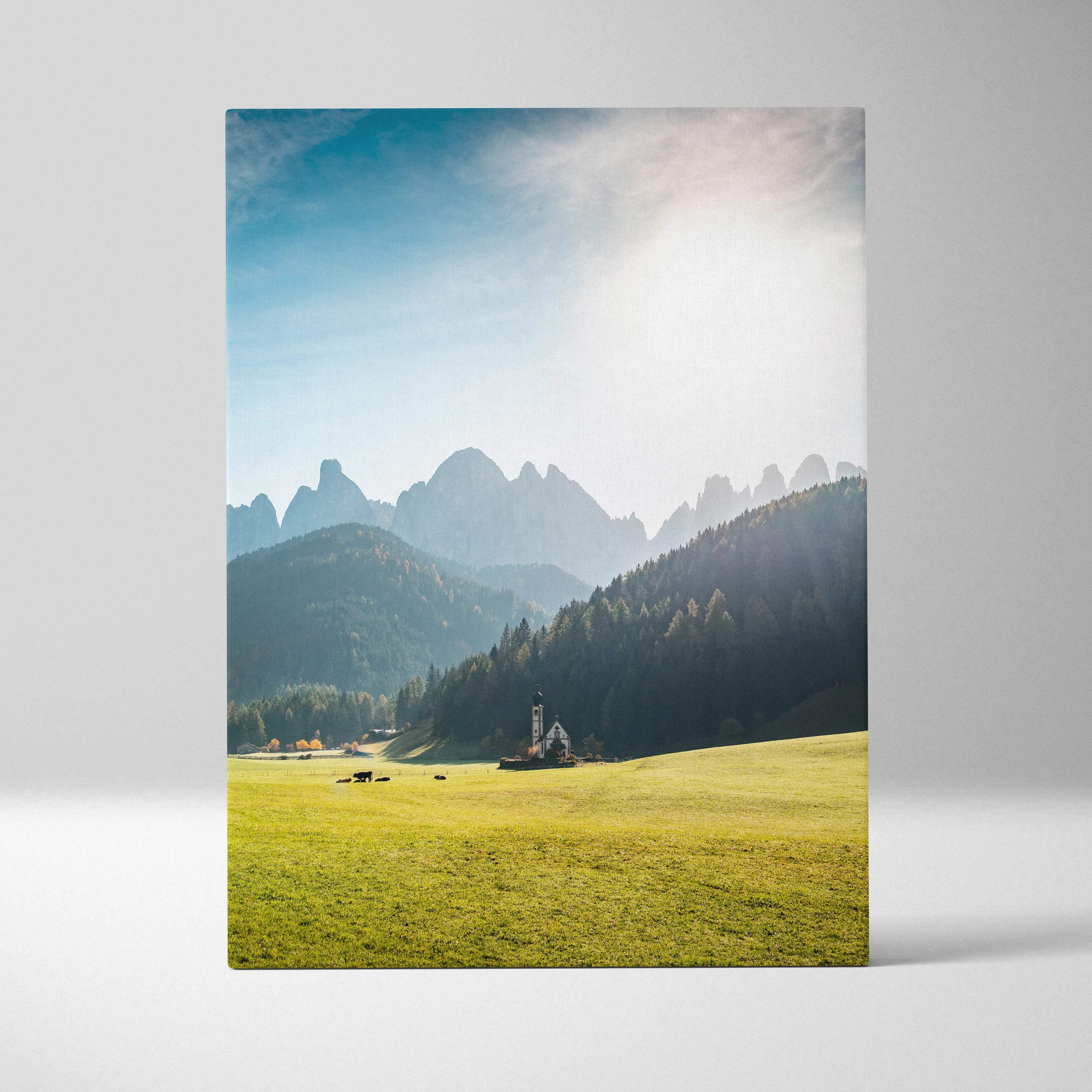 Canvas print of serene Val di Funes Dolomites mountain landscape with chapel
