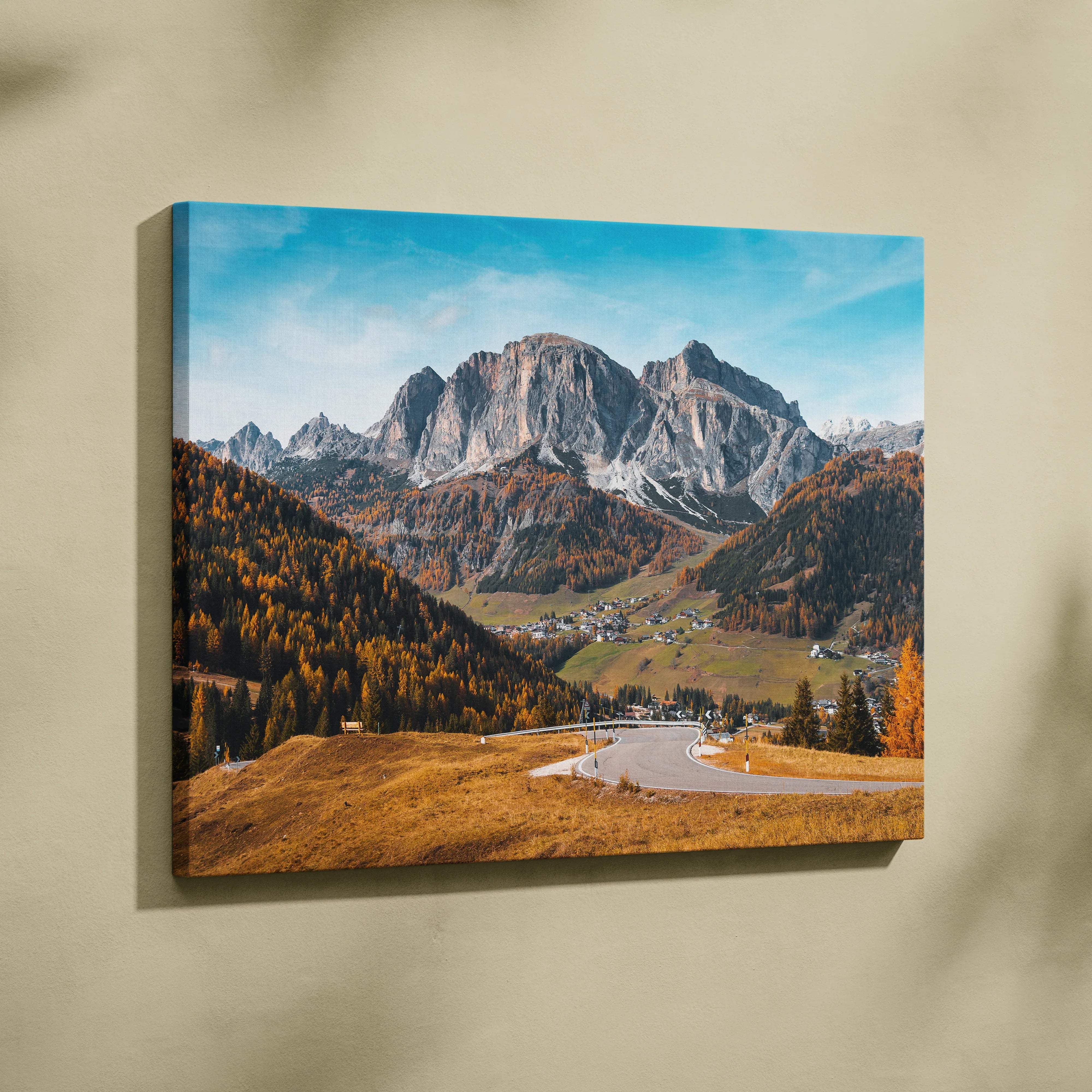 Canvas print of Dolomites Val di Funes rustic mountain landscape in autumn colors