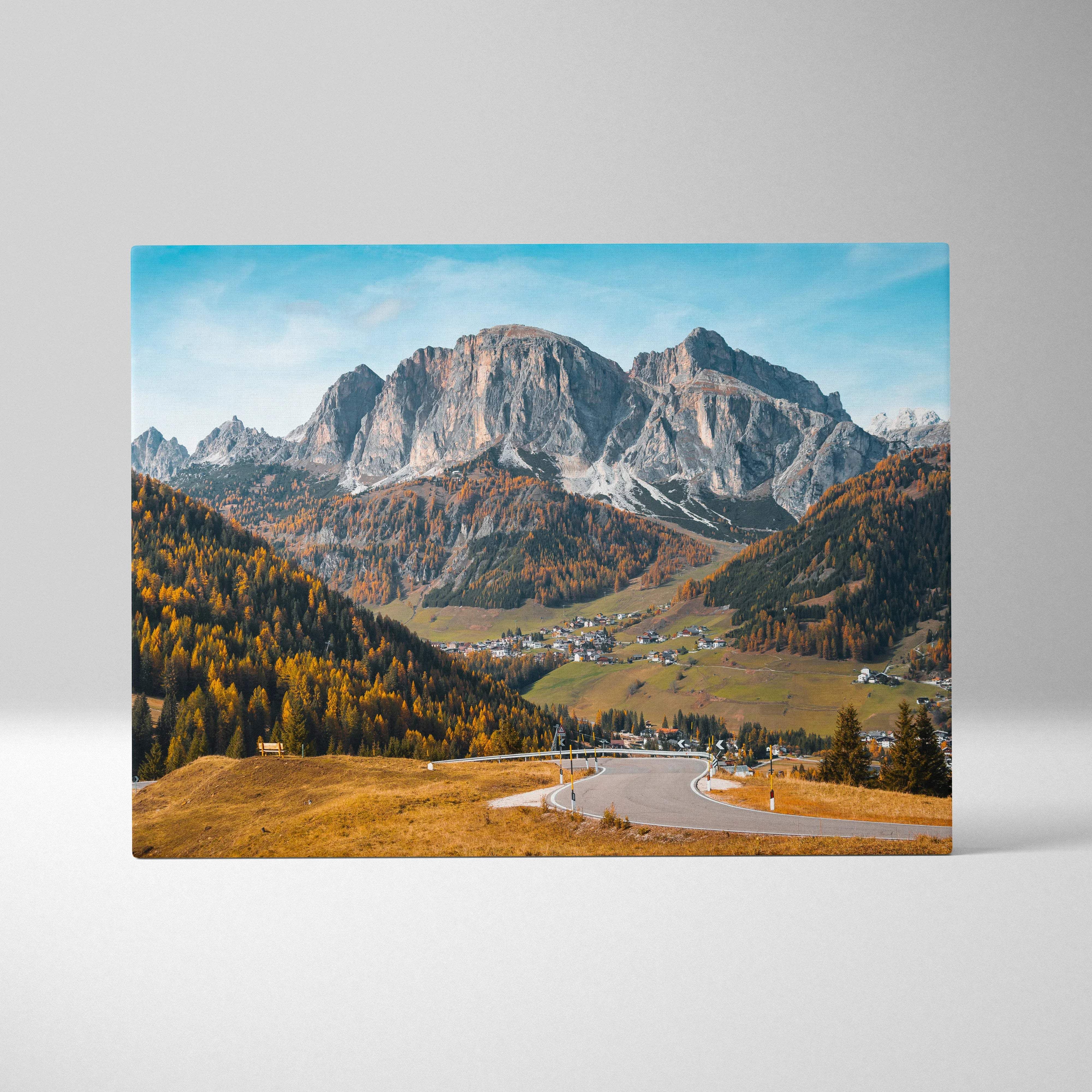 Canvas print of rustic Dolomites Val di Funes mountain landscape in autumn colors