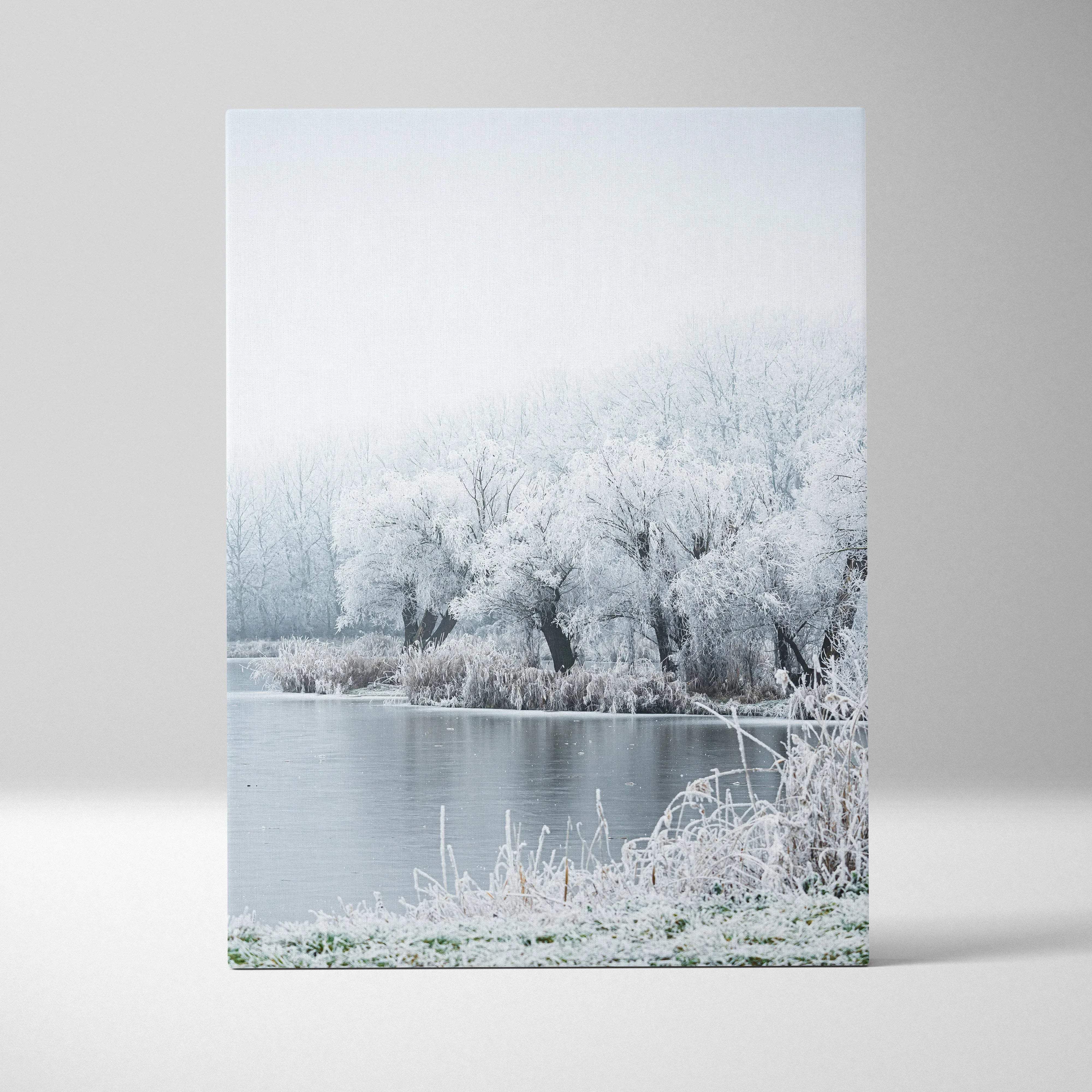 Frost-covered tree canvas print showing serene winter landscape with snow-dusted branches and calm blue water for living room