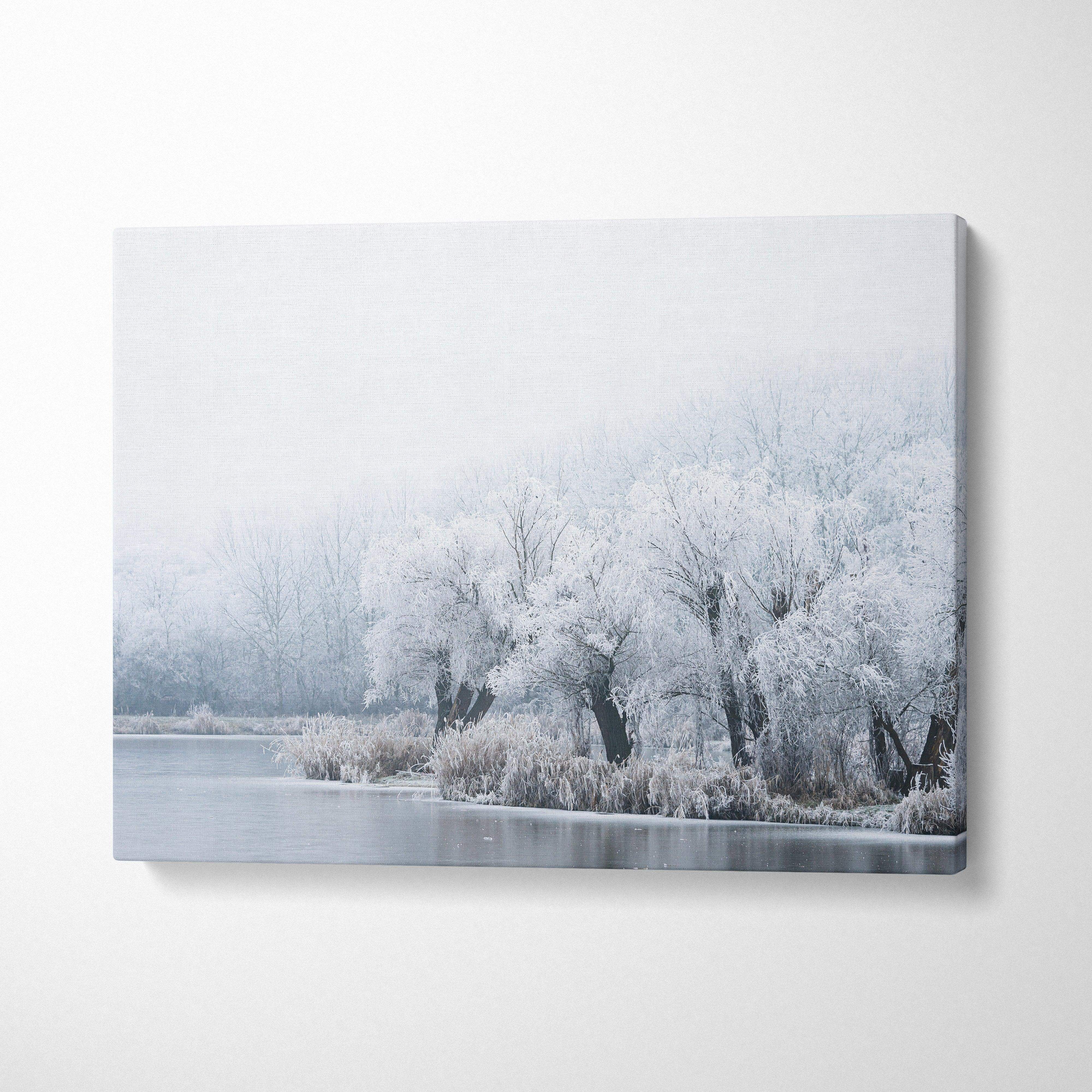 Winter snowy trees landscape on canvas wall art with soft gray and white tones decor.