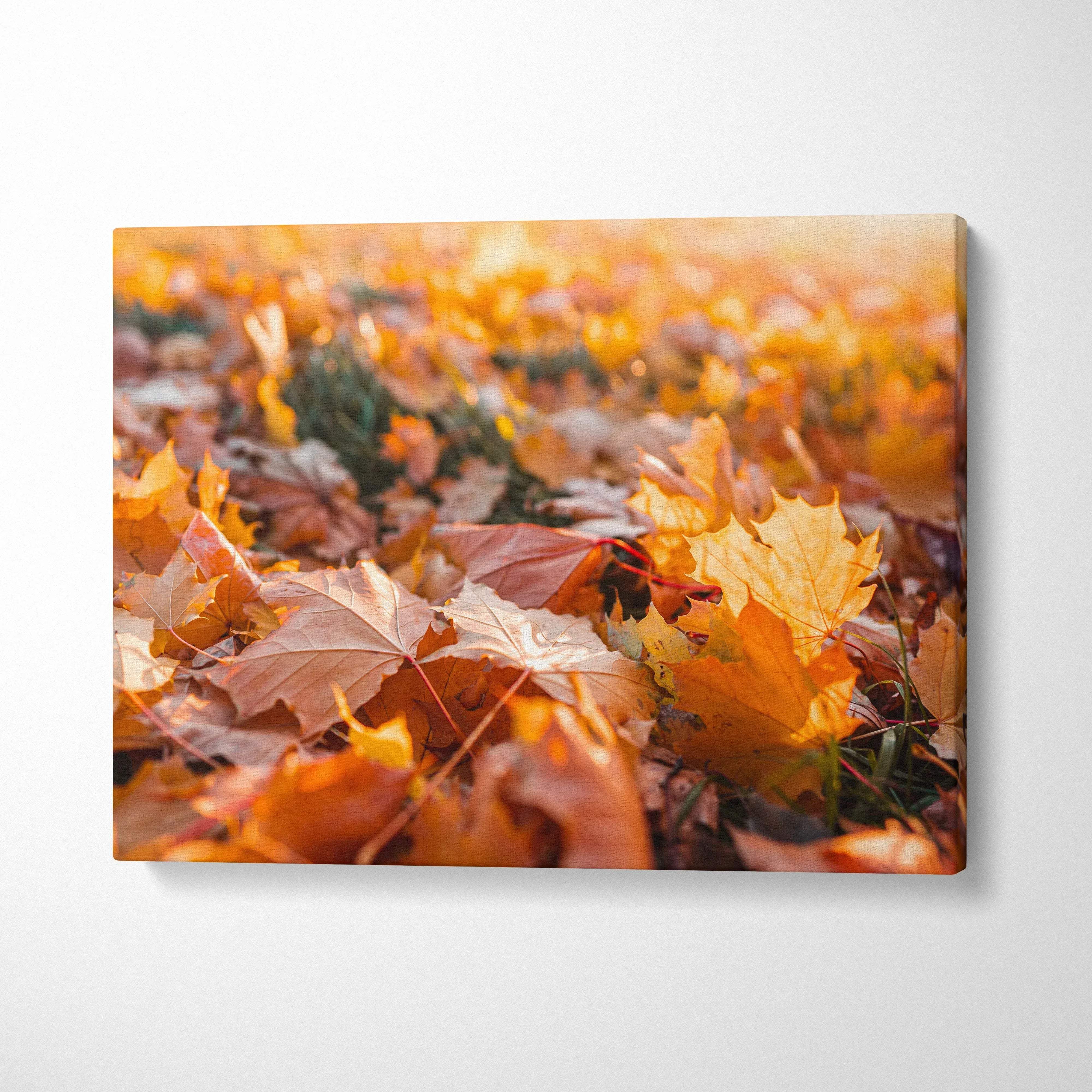 Autumn canvas wall art with vibrant golden and orange leaves in digital art style.