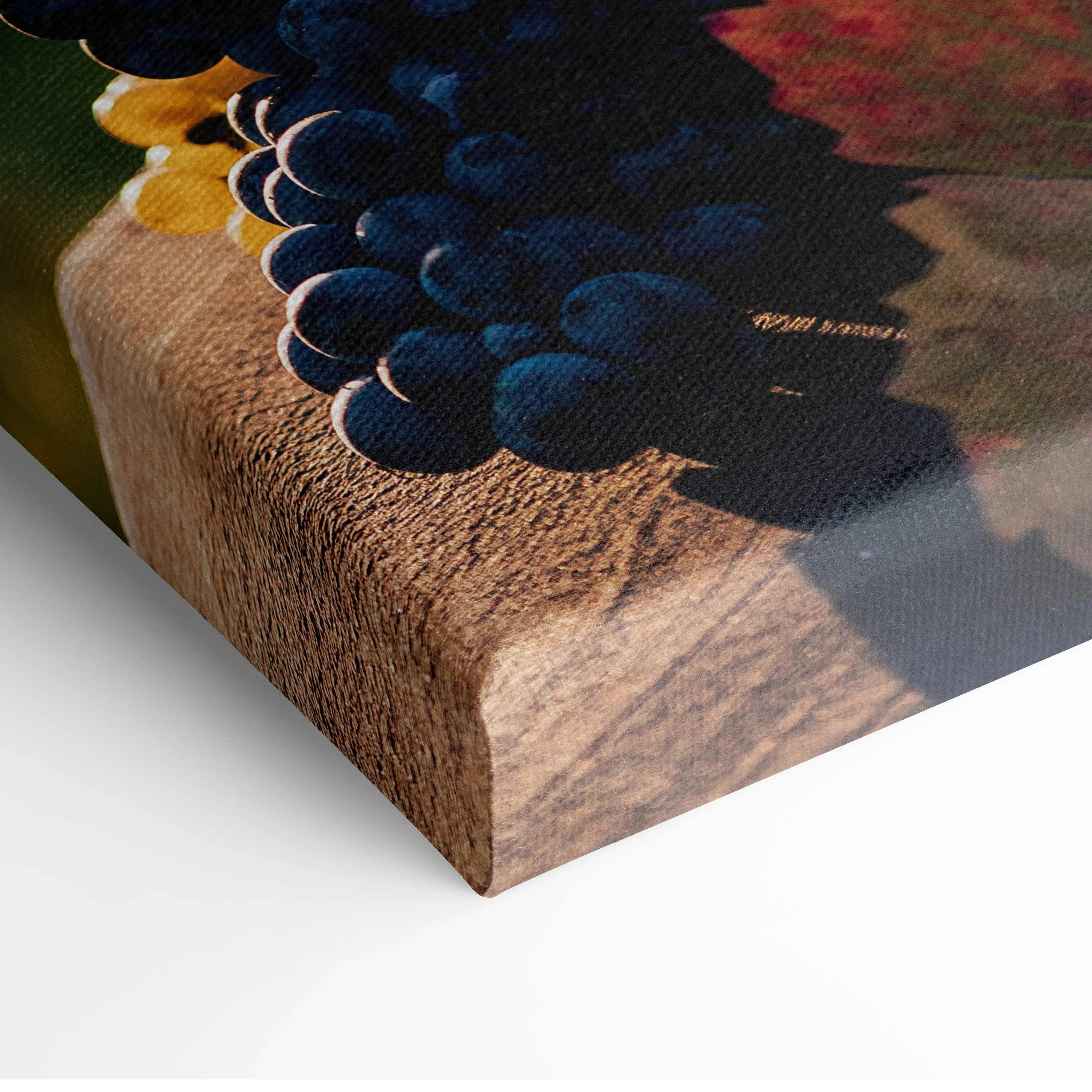 Canvas print of deep blue grapes on rustic wood in warm autumn outdoor lunch scene wall art
