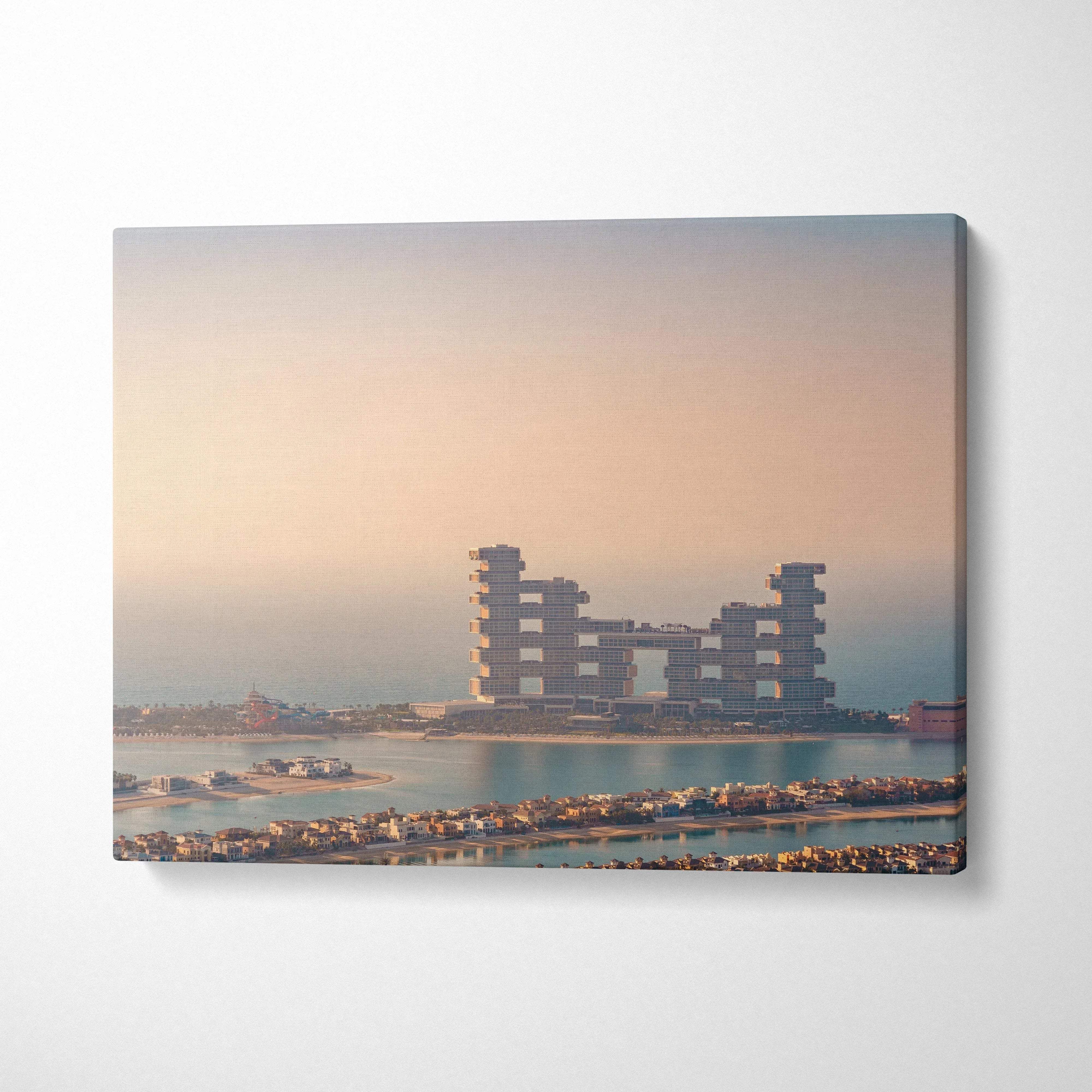 Canvas wall art featuring a digital art print of modern architectural buildings at sunset.