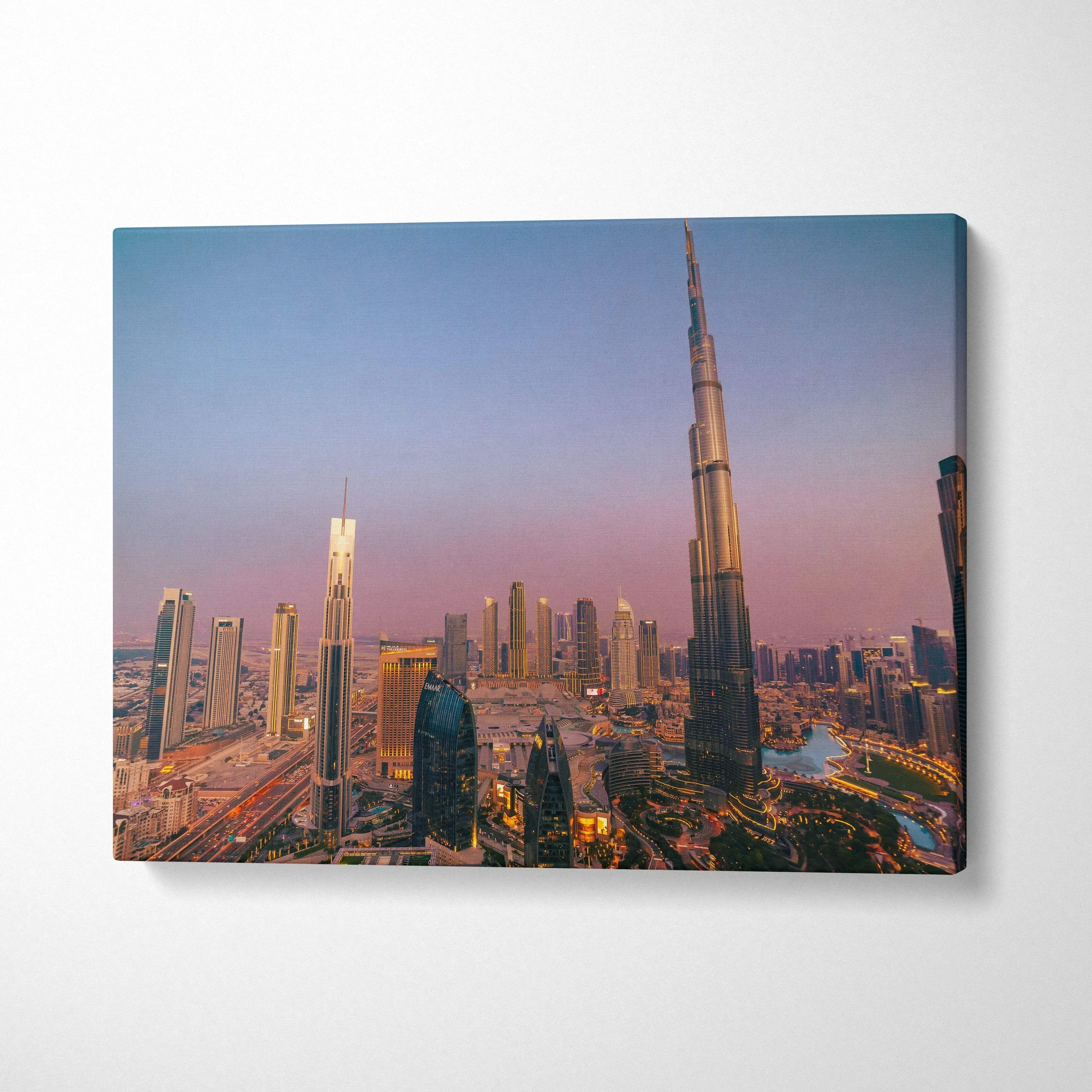 City skyline at dusk canvas wall art featuring modern skyscrapers and vibrant lights.