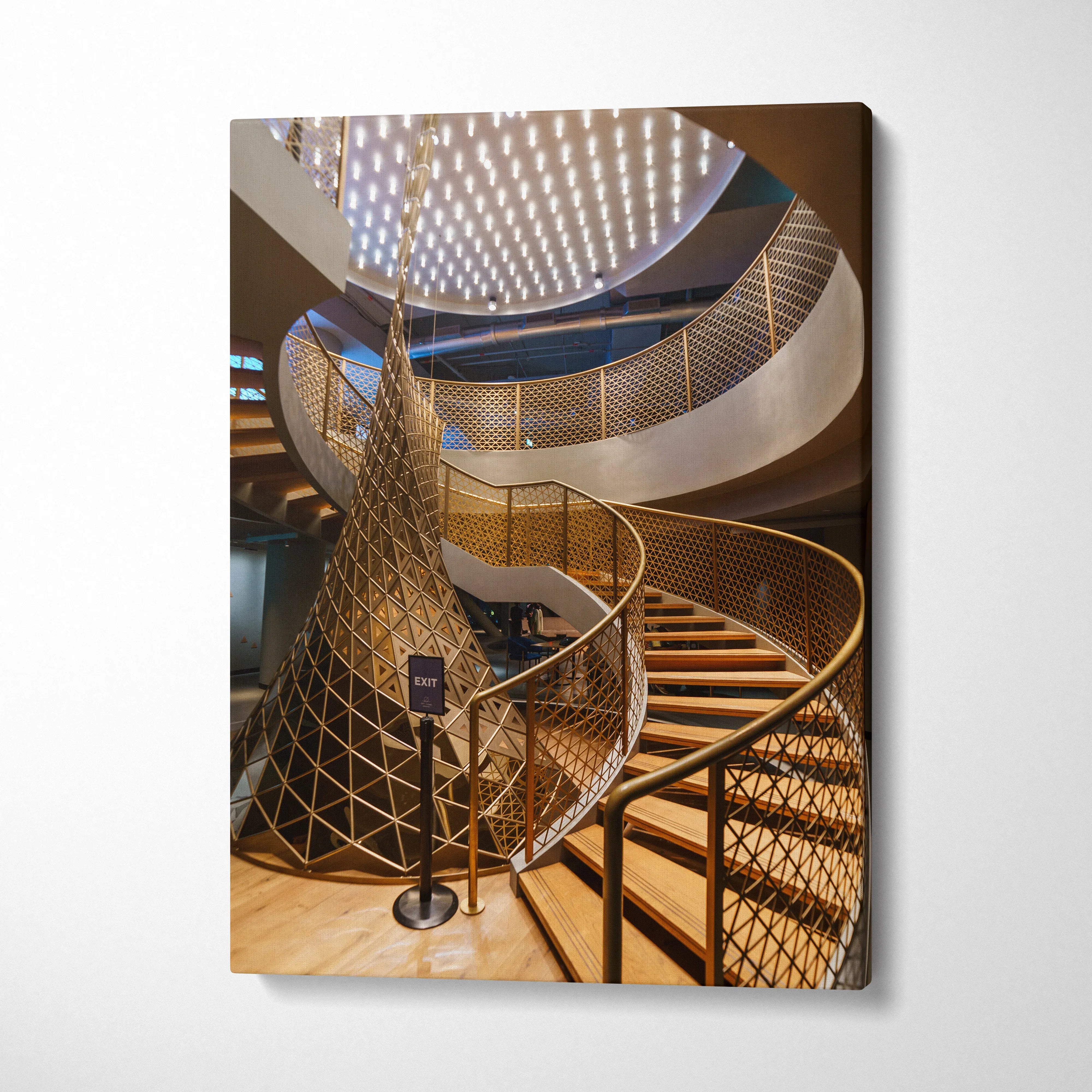 Vertical canvas wall art featuring modern spiral staircase and geometric architectural design in warm tones.