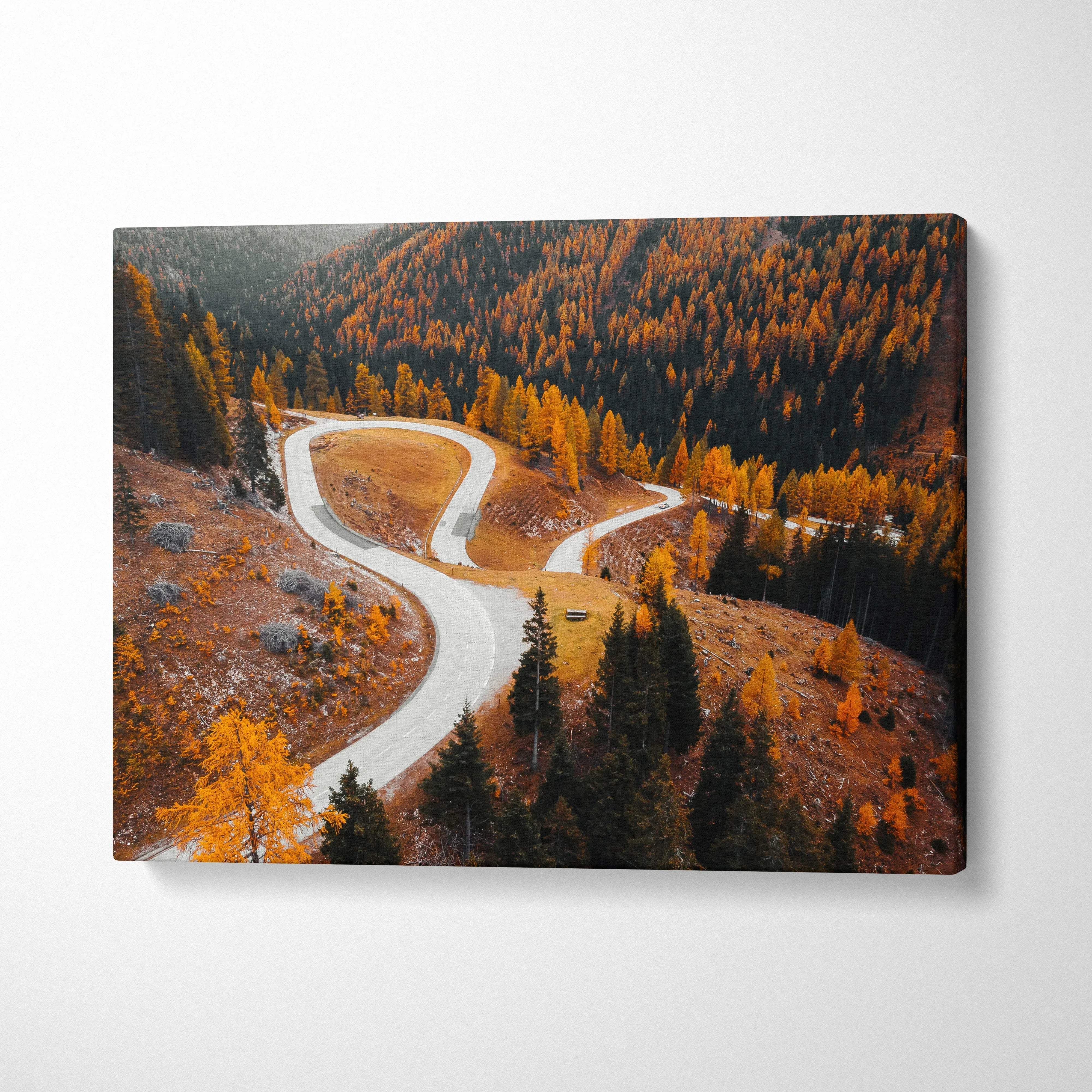 Autumn landscape canvas art with winding road and vibrant golden leaves wall art.