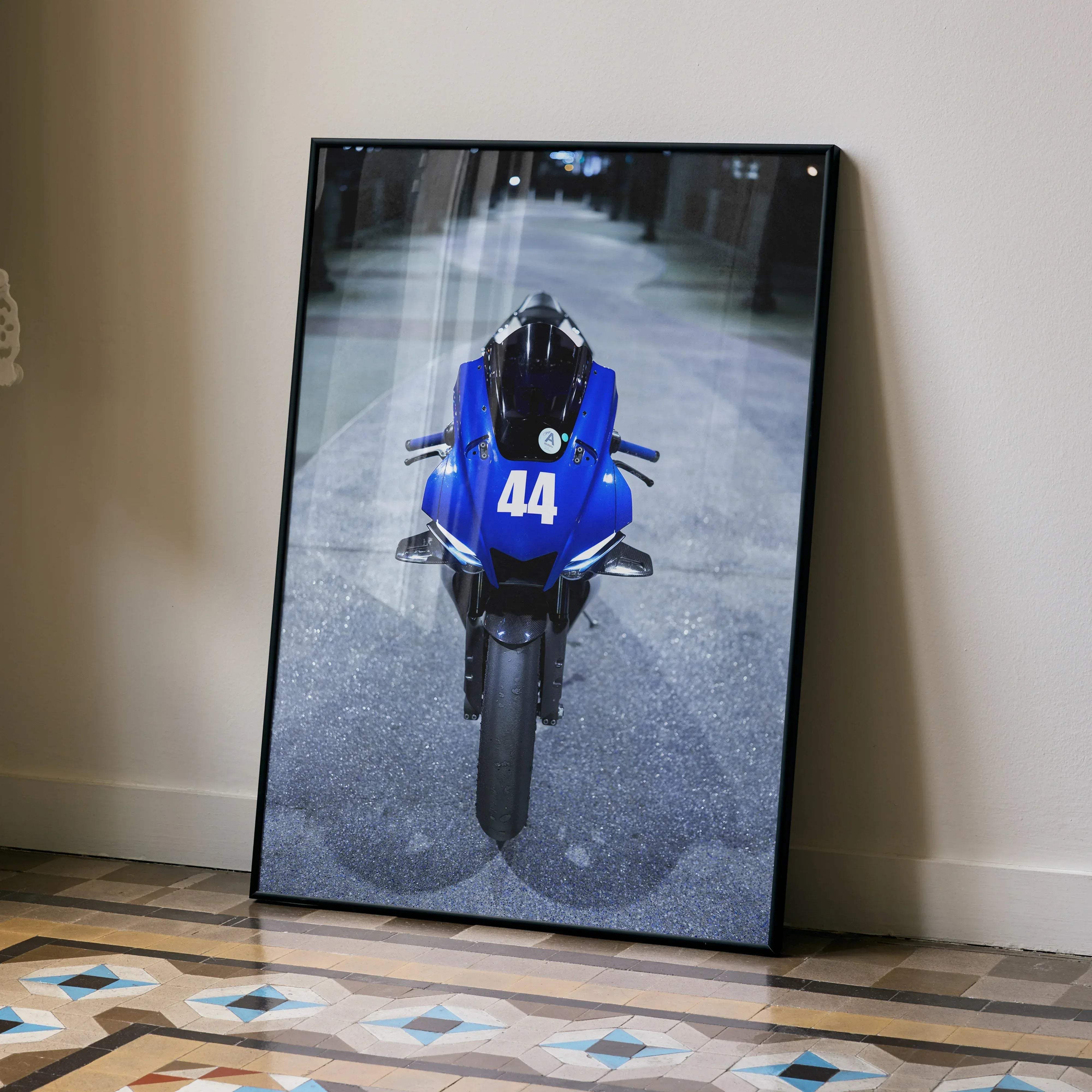 Blue Yamaha YZF-R1 racing motorcycle with number 44 in sleek pose on black-framed canvas art print wall decor