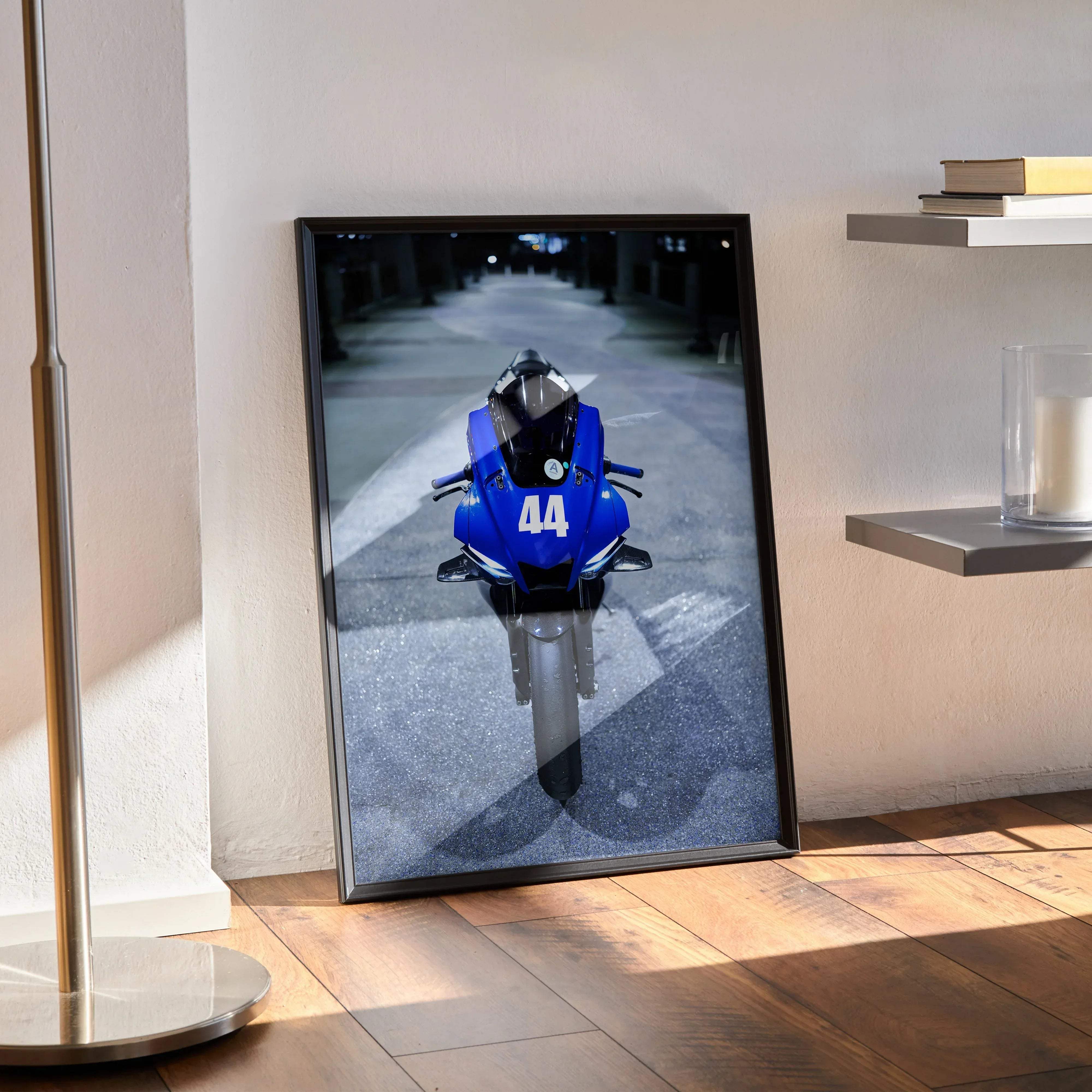 Blue Yamaha YZF-R1 racing motorcycle art print with number 44 in black frame for stunning wall decor