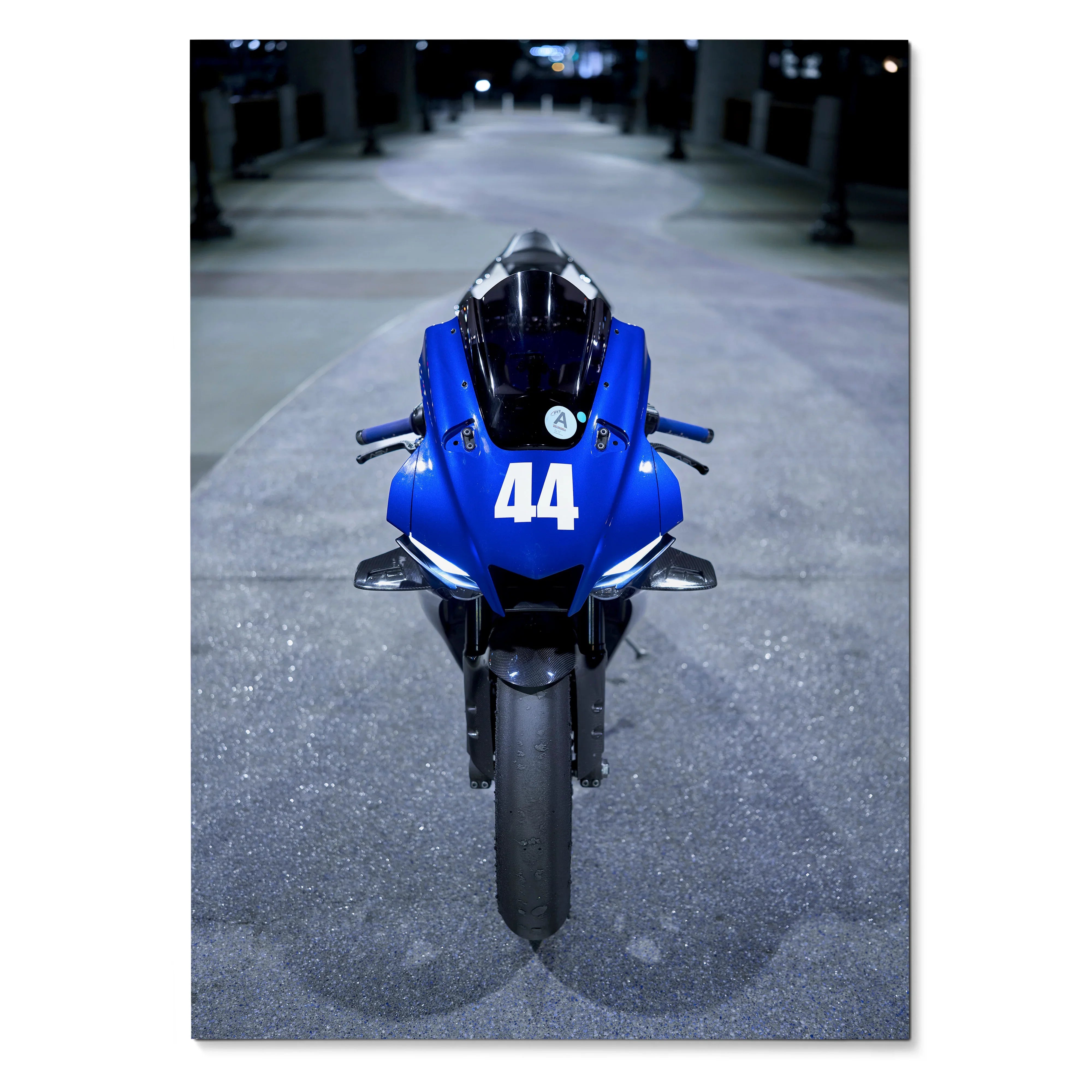 Blue Yamaha YZF-R1 motorcycle front view poster with number 44 for wall art.