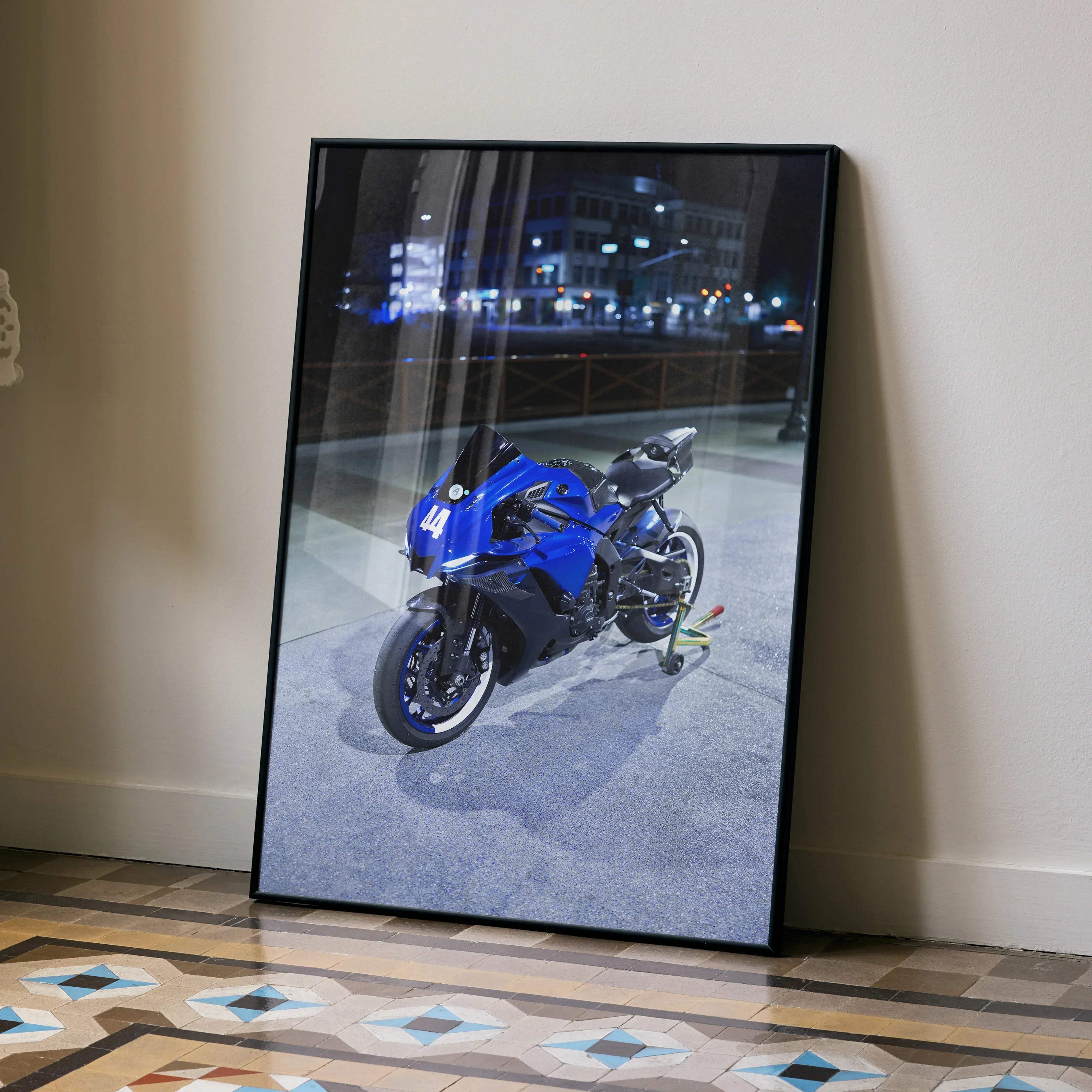 Blue Yamaha R1 Legends poster featuring a motorcycle photo print in a black frame celebrating design thrill