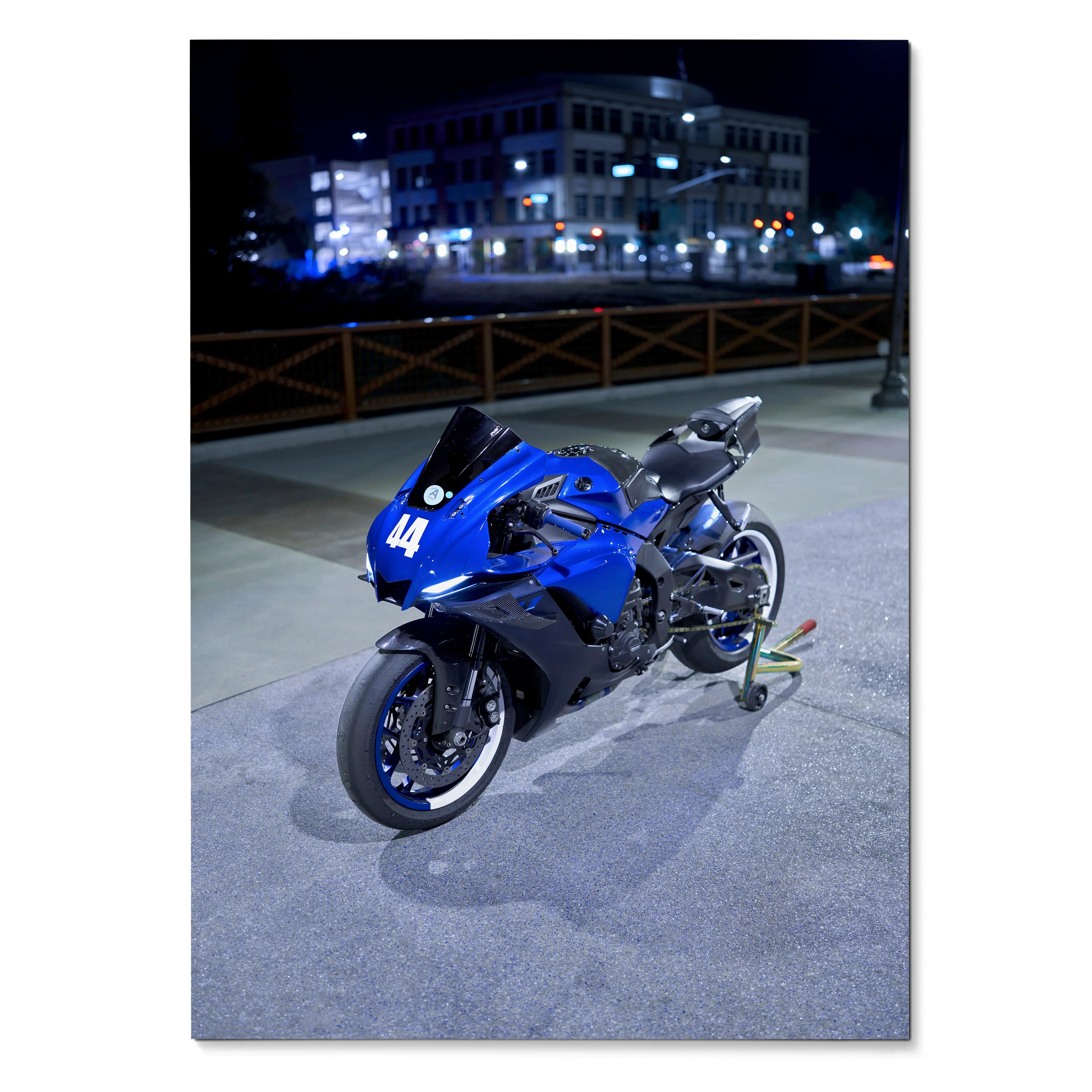 Yamaha R1 motorcycle in blue displayed at night poster wall art.
