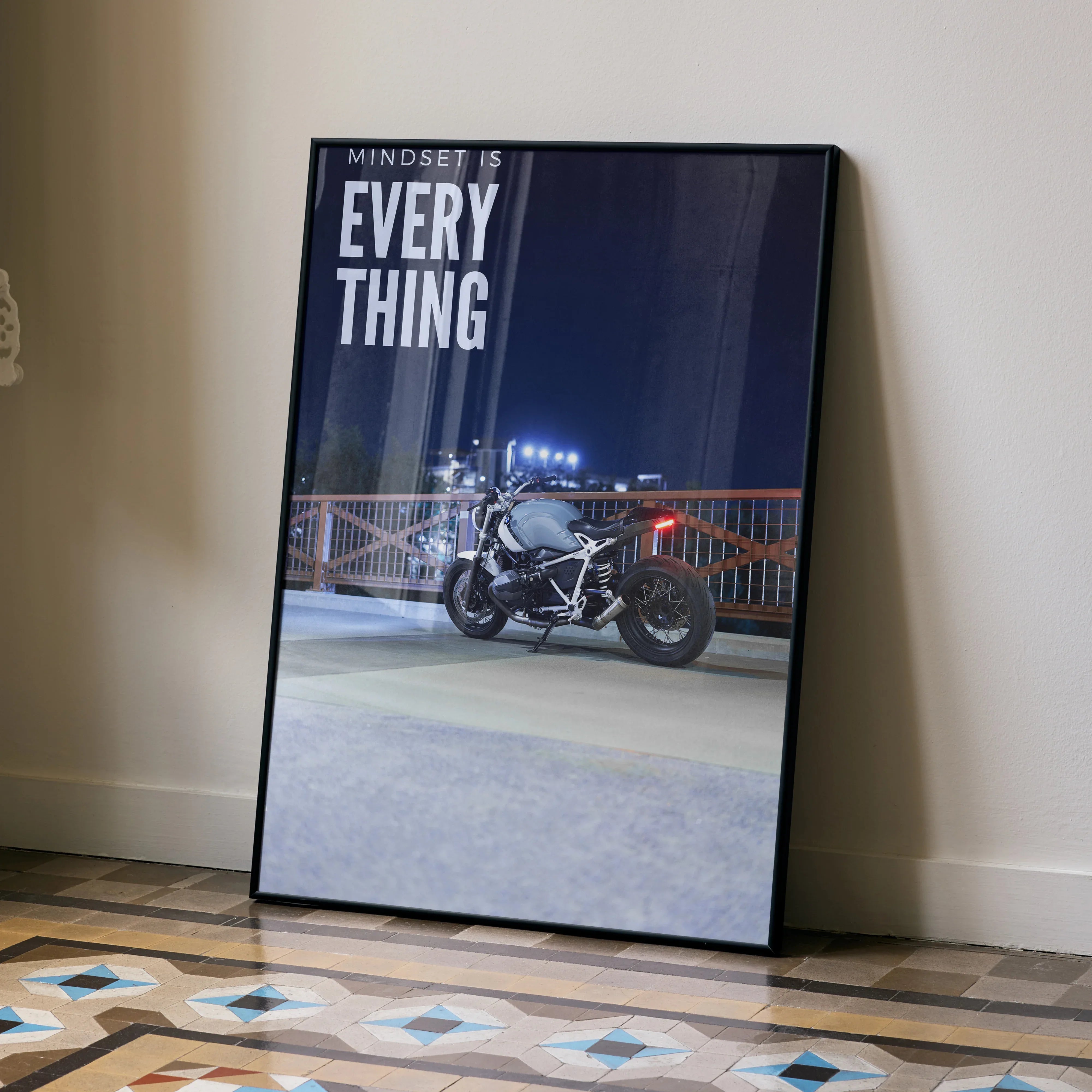 BMW R Nine T motorcycle poster with inspiring text, modern wall art in black frame.