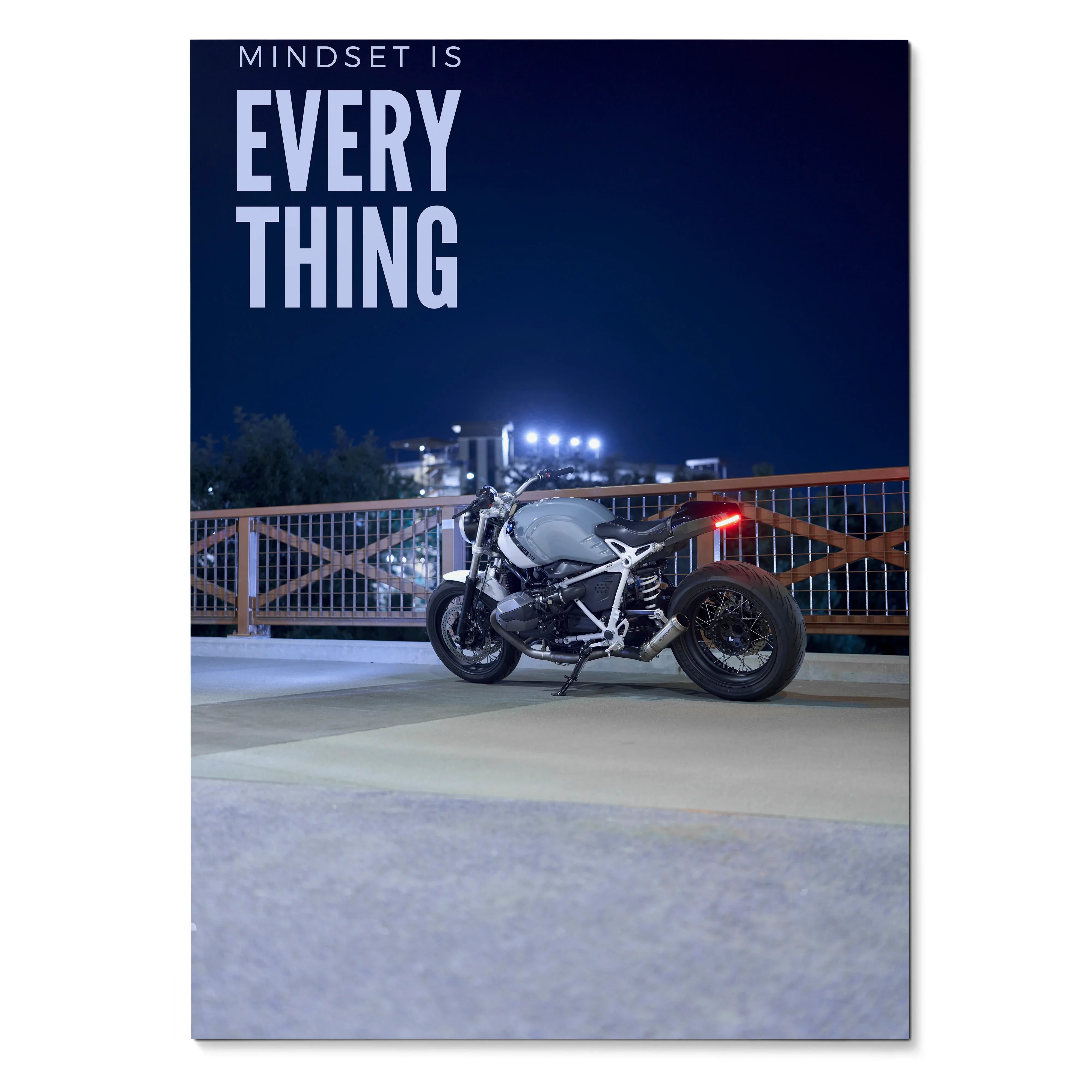 Motivational poster featuring BMW R Nine T motorcycle at night with inspiring text "Mindset is Everything" wall art.