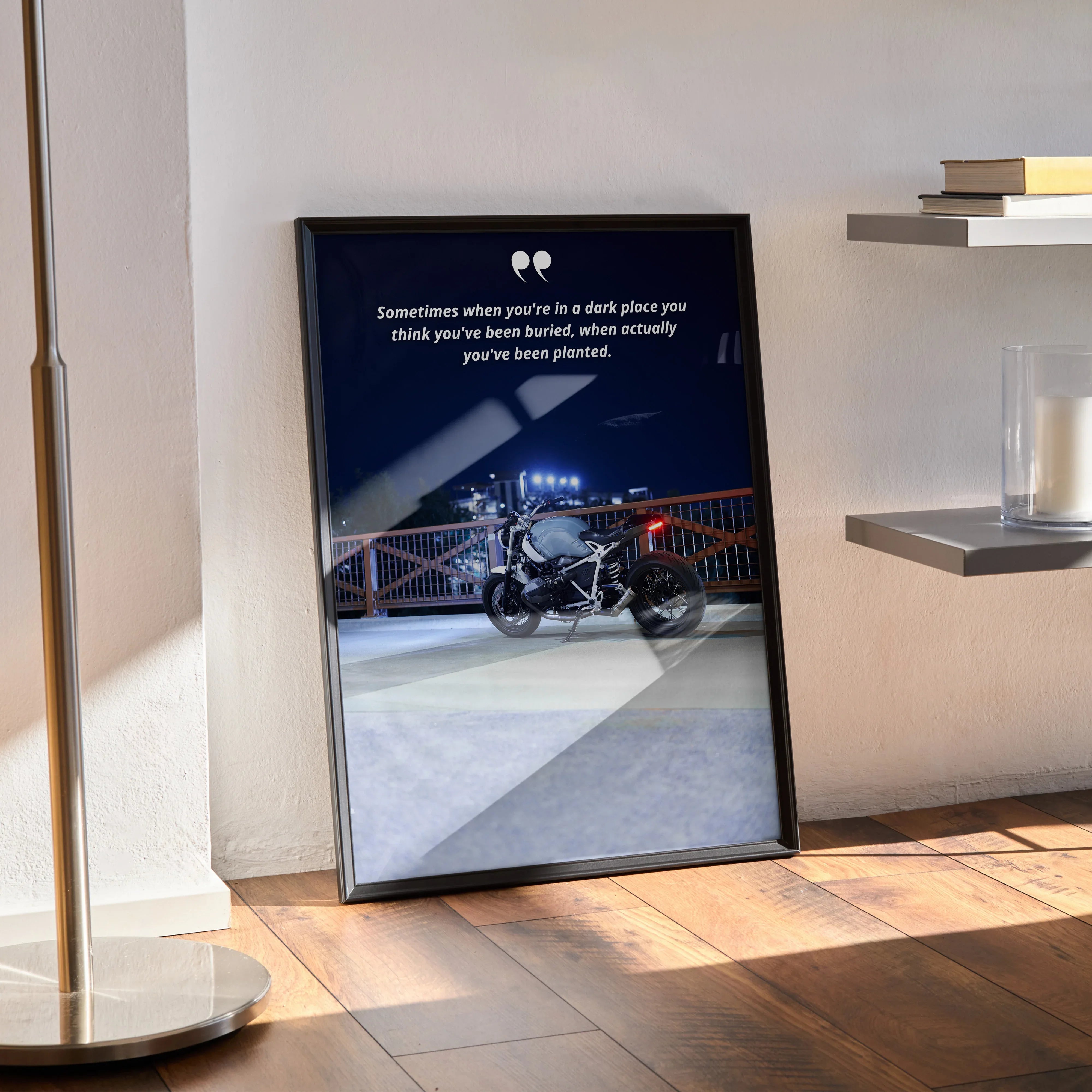 Motivational poster wall art featuring BMW R Nine T motorcycle with inspiring quote against night sky background.