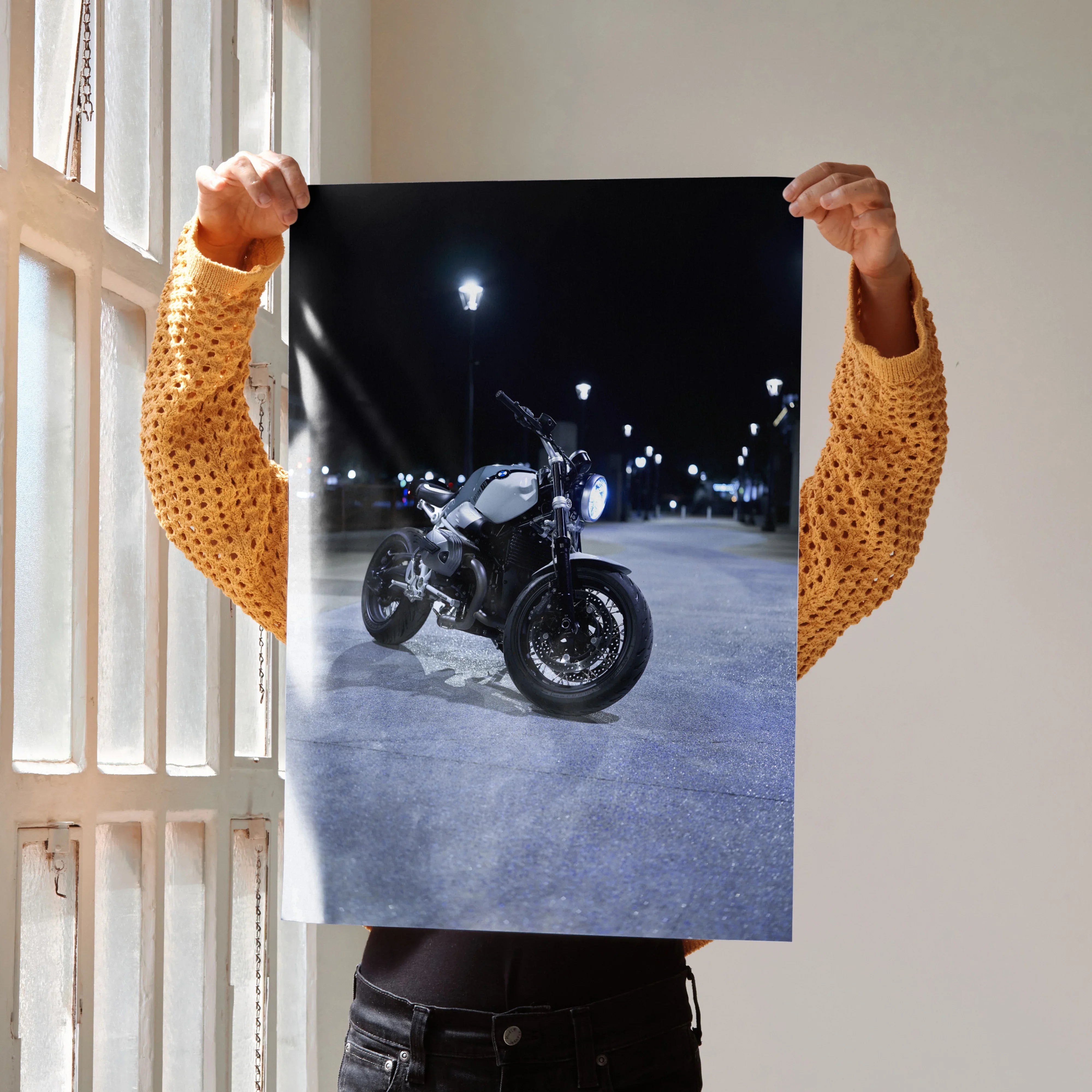 BMW R Nine T motorcycle poster featuring night street scene wall art with glowing lights.