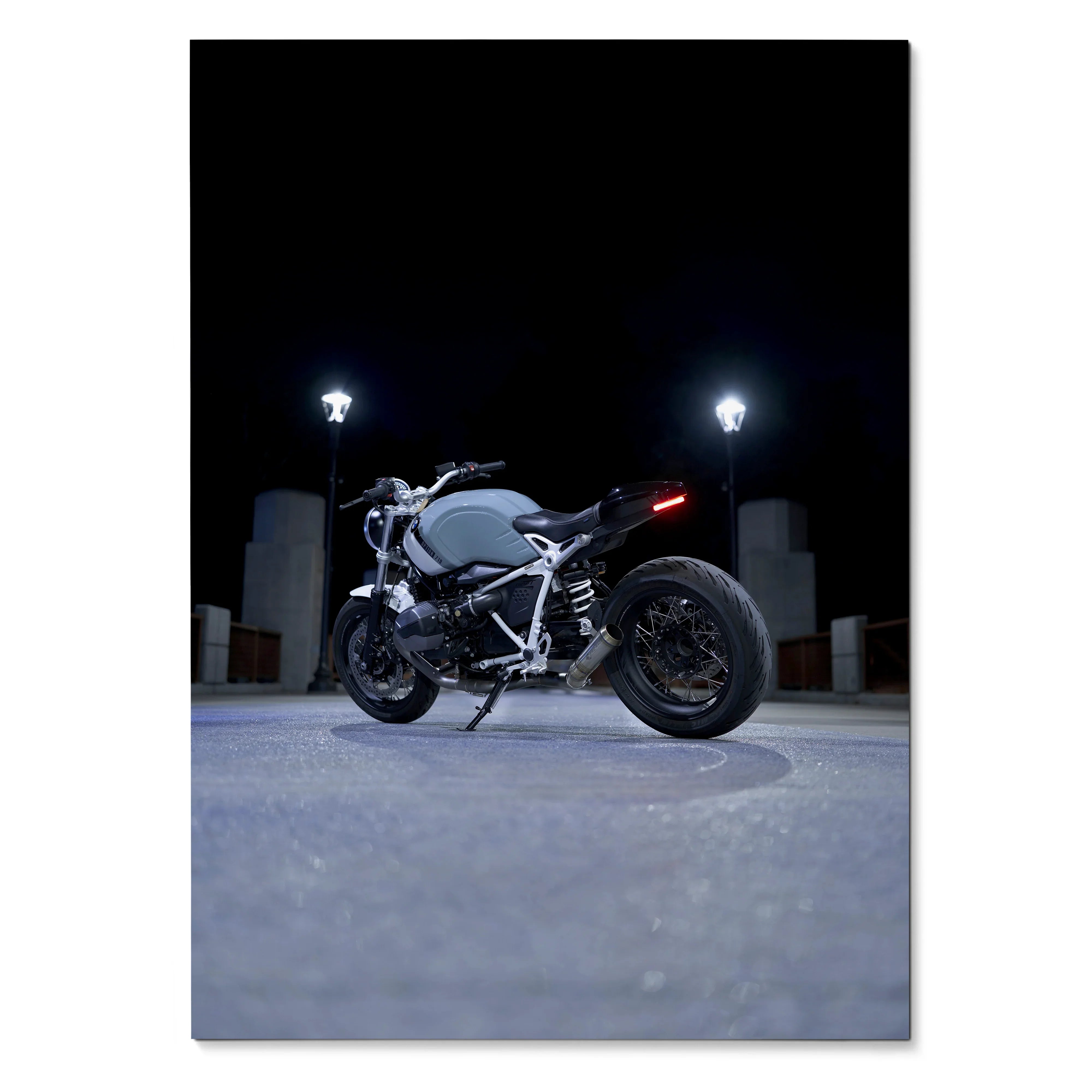 BMW R Nine T motorcycle poster with black background, night street scene wall art.