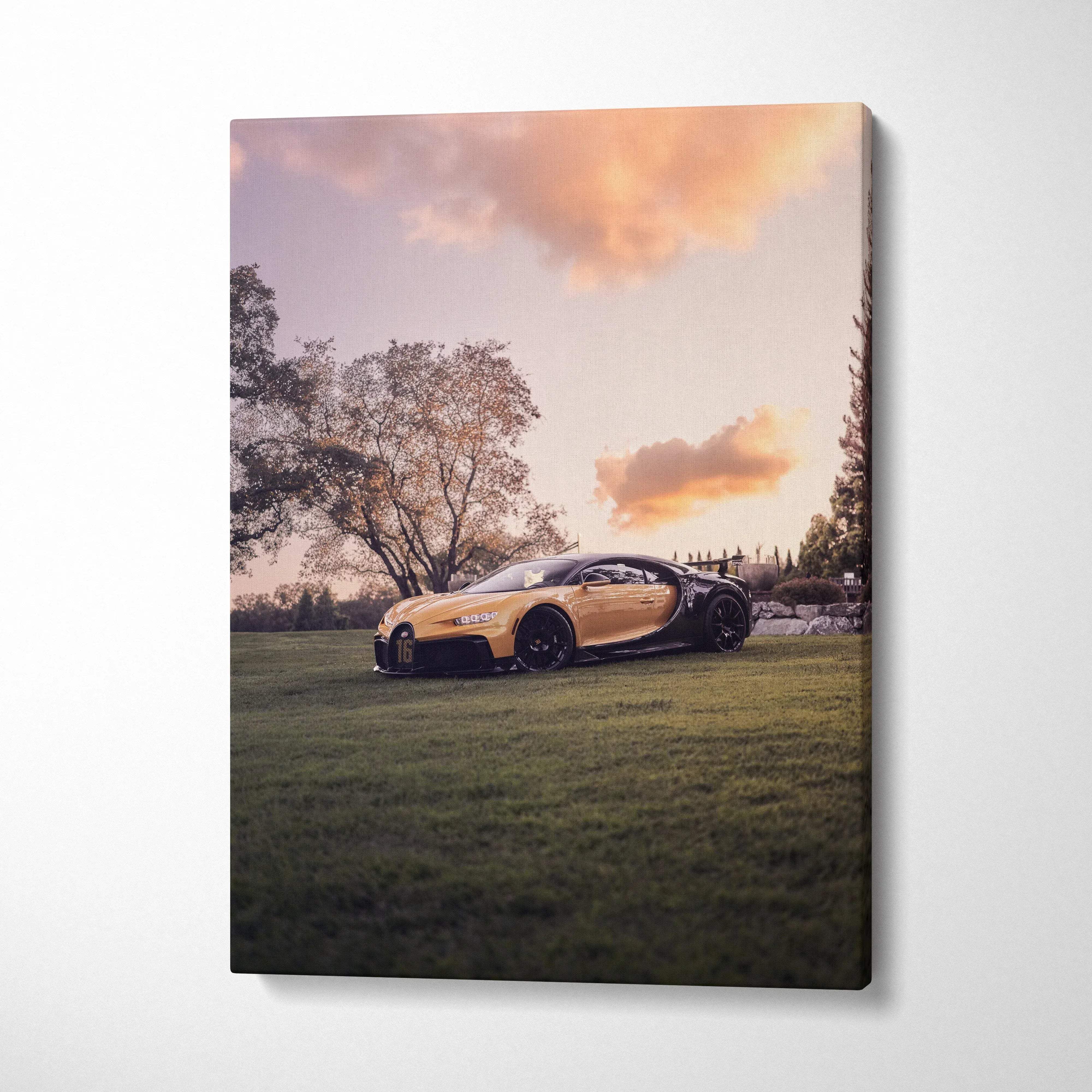 Bugatti Chiron car on grass with sunset sky canvas wall art vertical canvas print.