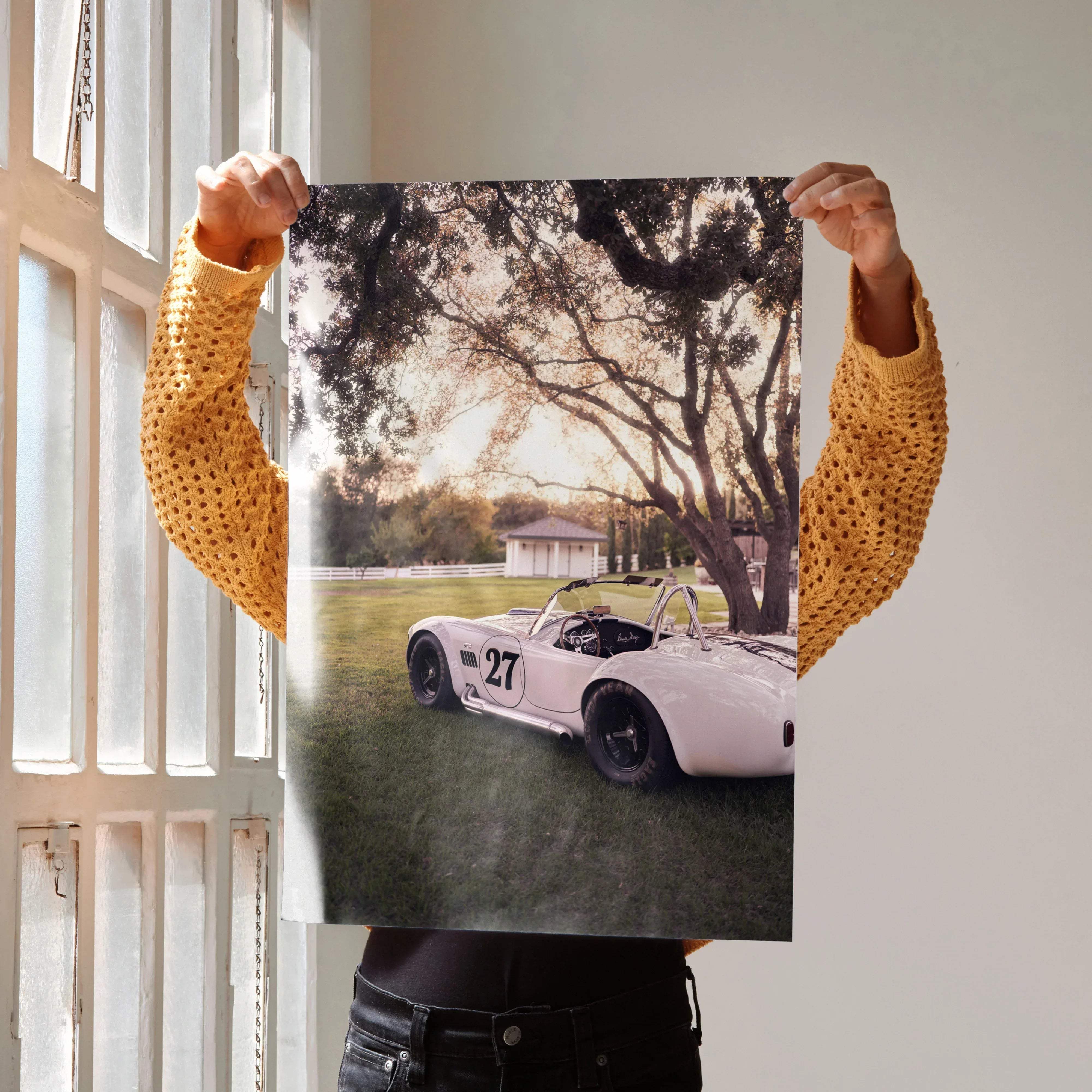 White vintage Shelby Cobra race car poster number 27 displayed outdoors under trees limited edition automotive art