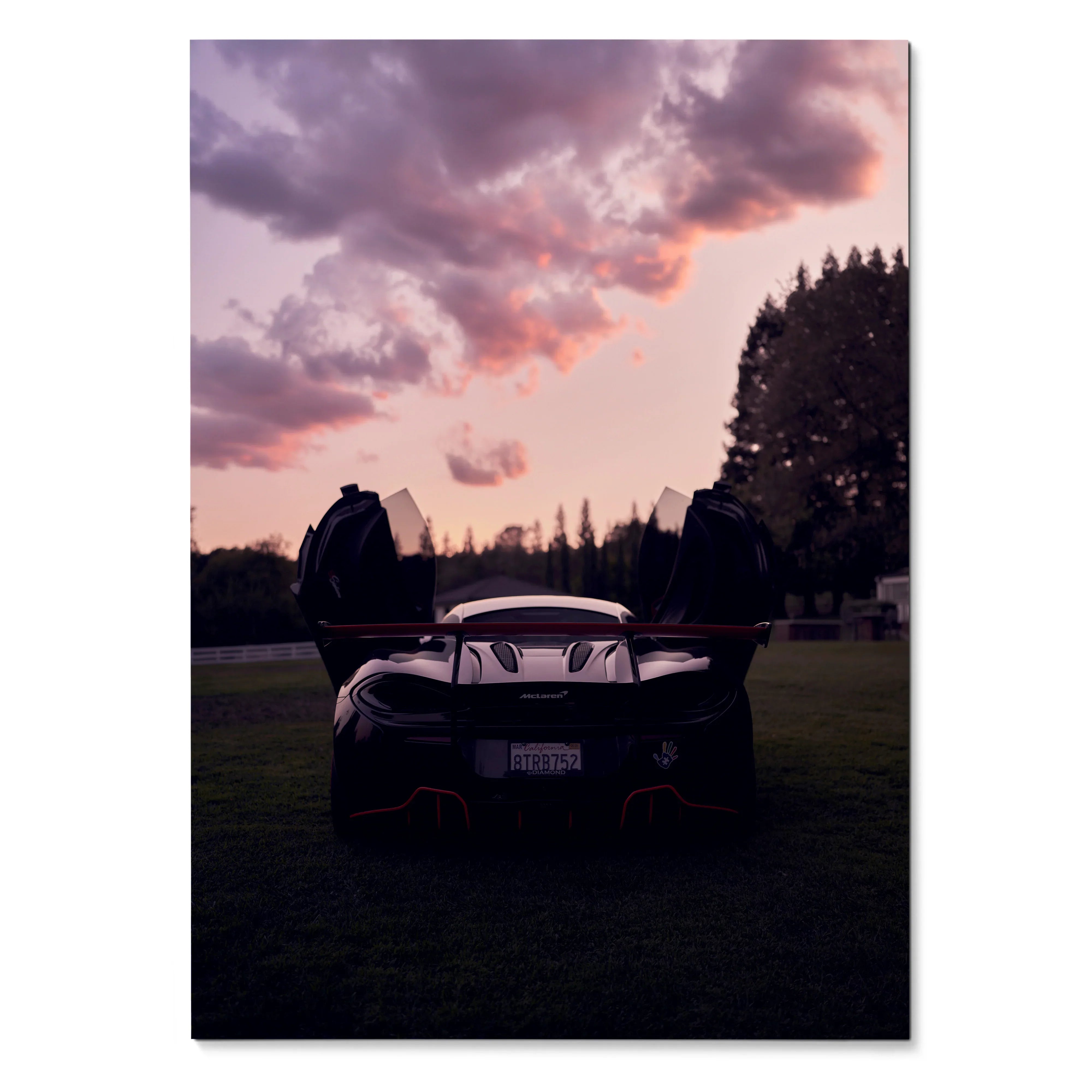 McLaren 570s luxury car poster with sunset sky and open butterfly doors wall art.