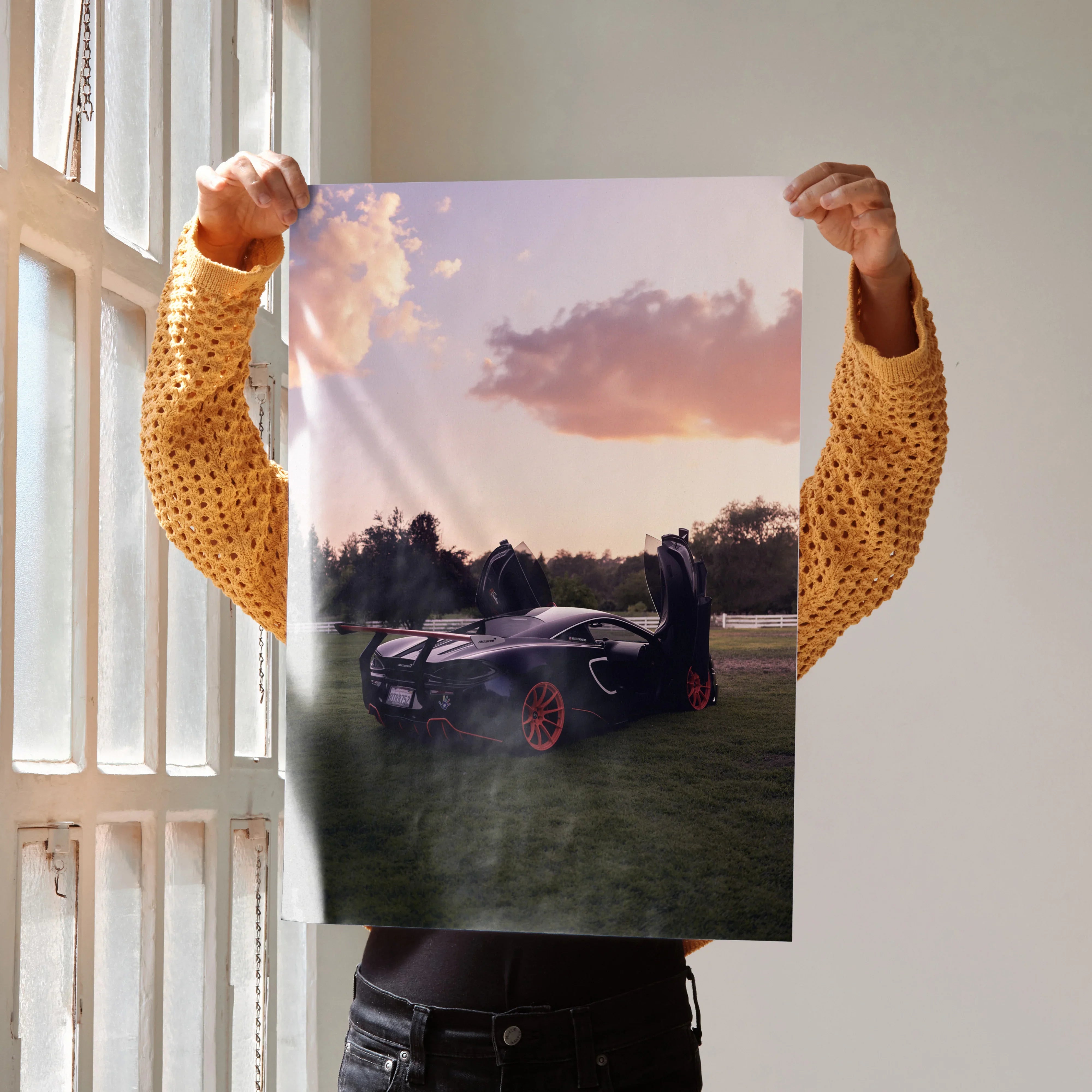 McLaren 570s supercar poster with open doors against sunset sky wall art.