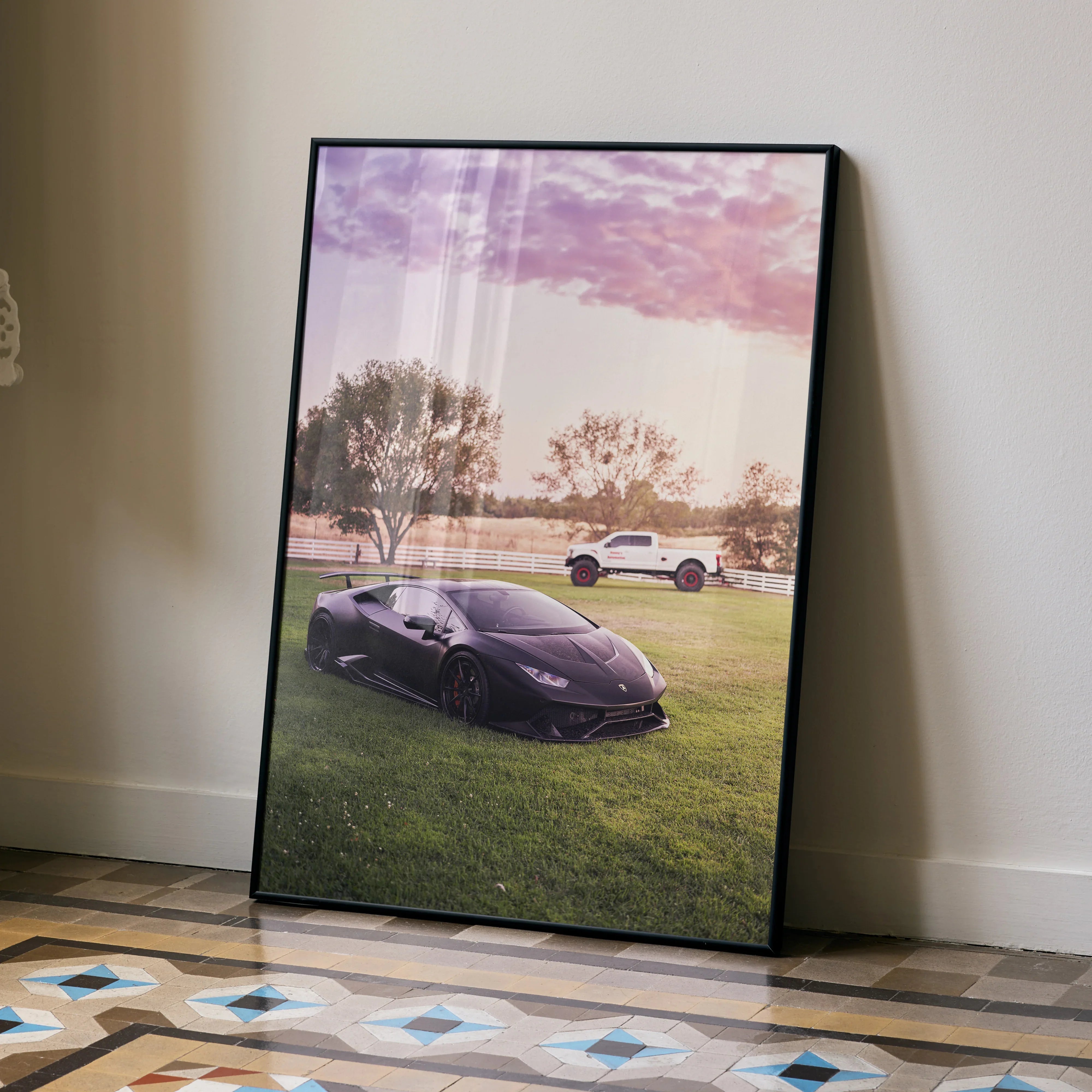 Lamborghini Huracan poster with sunset and luxury car on green grass wall art.
