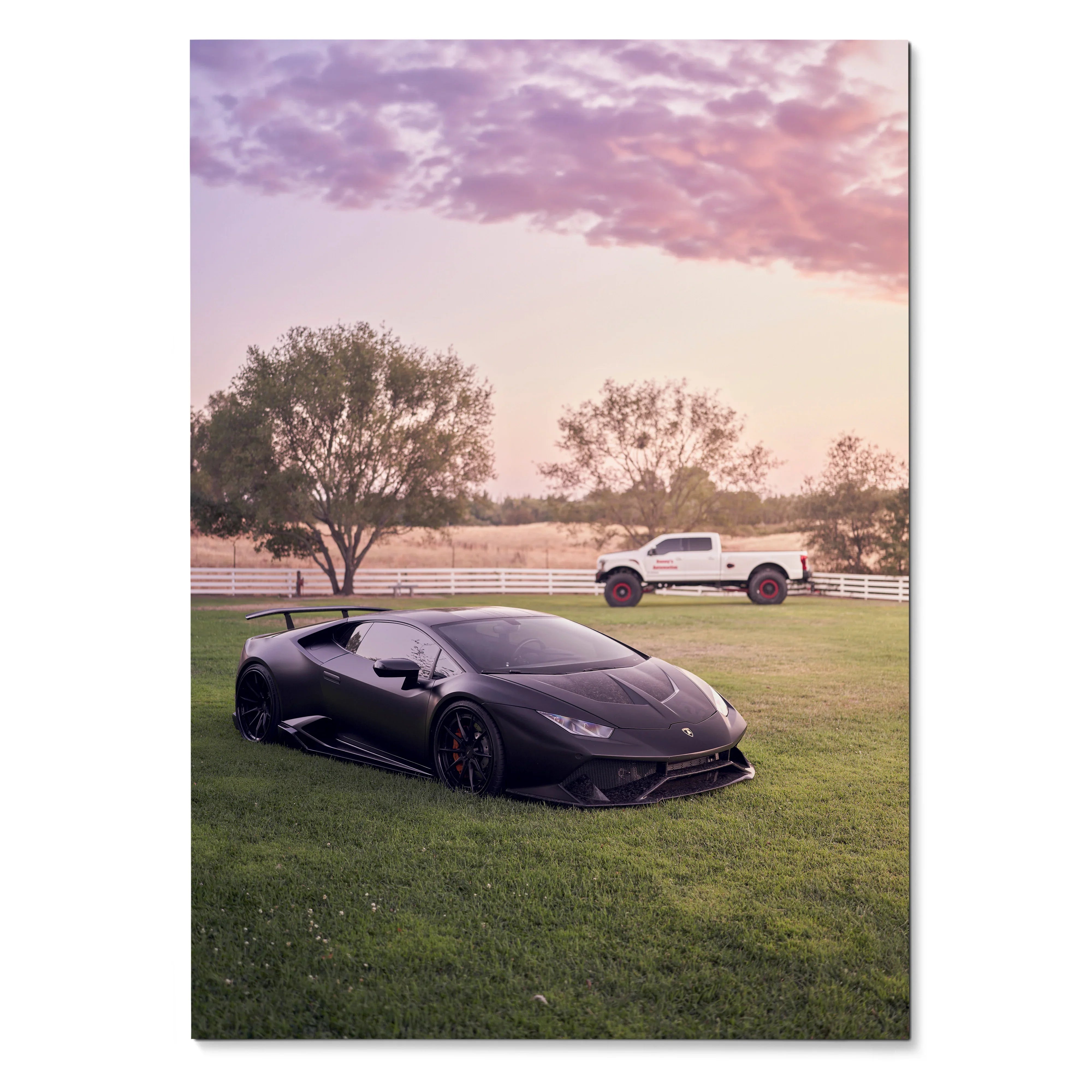 Lamborghini Huracan matte black sports car parked on grass at sunset poster wall art.