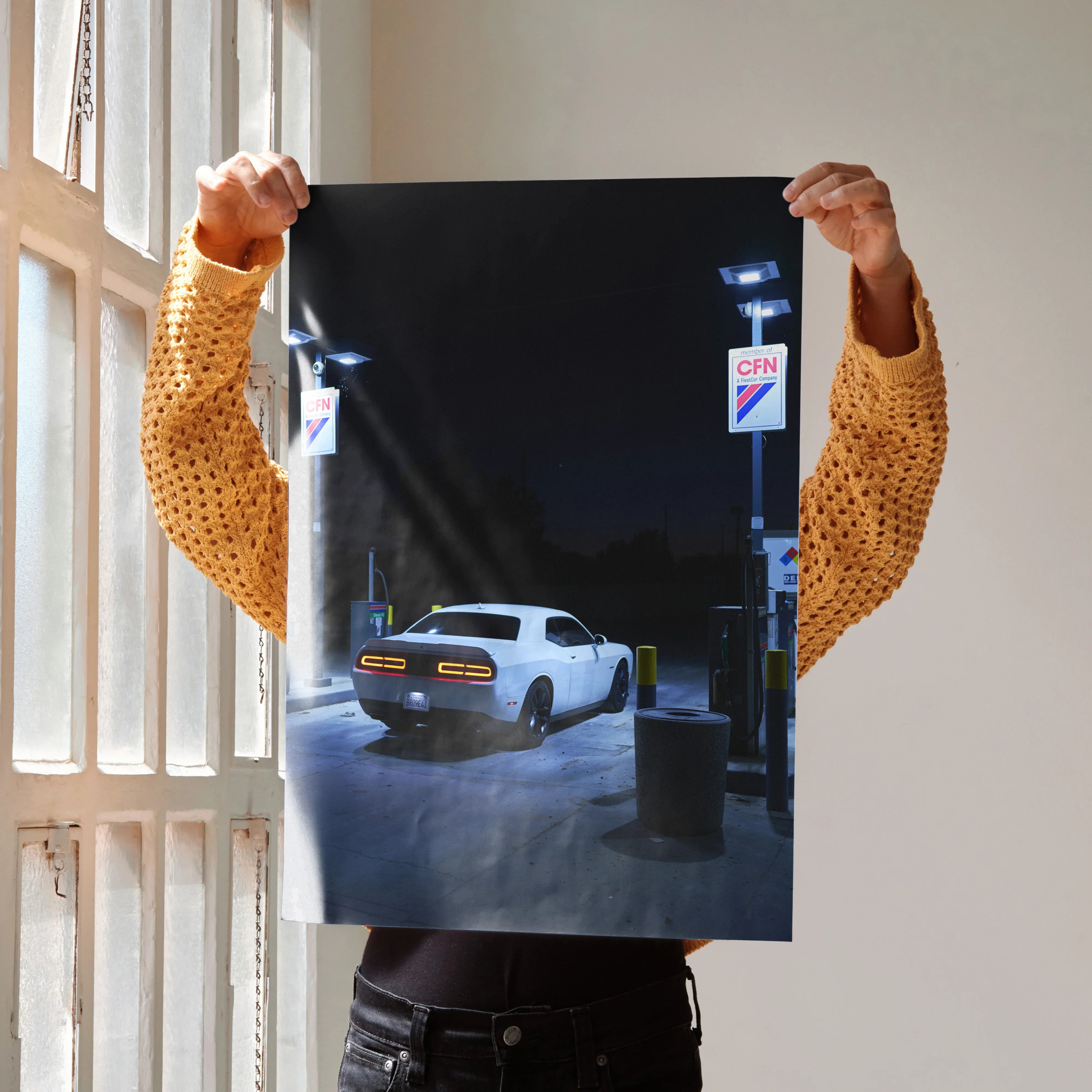 Dodge Challenger poster featuring rear view of white muscle car at gas station at night, wall art print.