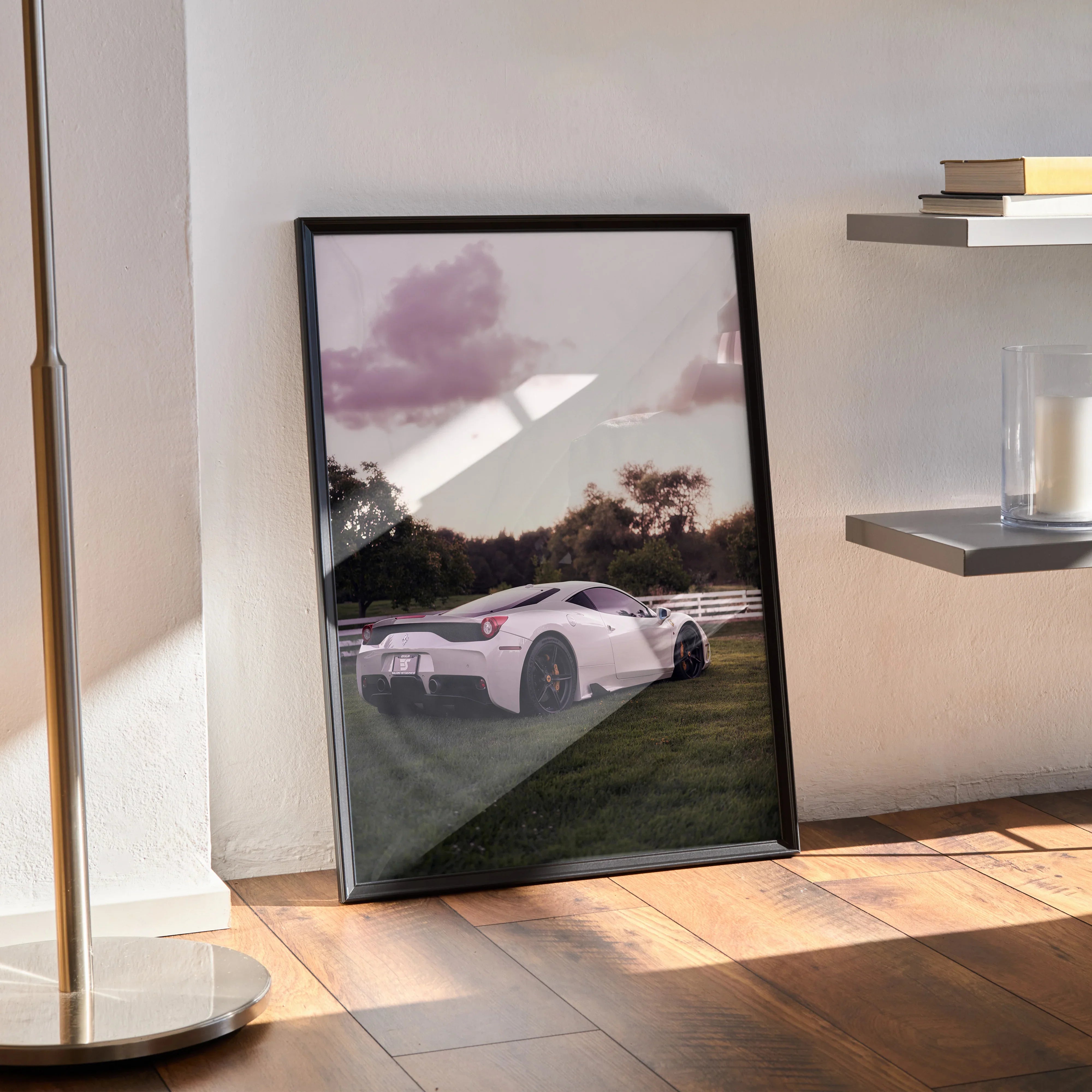 Ferrari 458 Italia supercar poster with white car on grass and pink sky wall art.