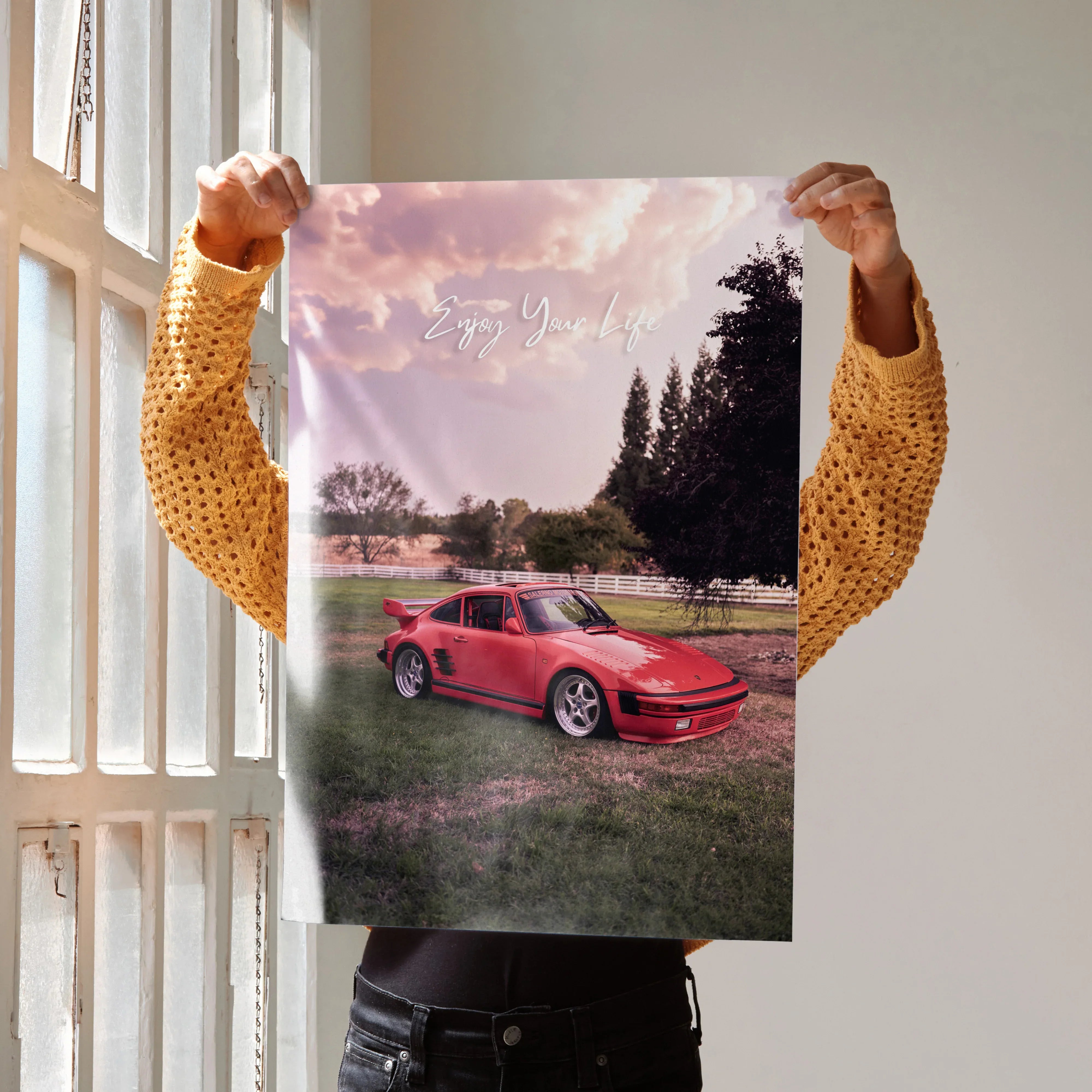 Motivational poster wall art featuring red Porsche 911 Turbo Slant-Nose under a purple sunset sky.
