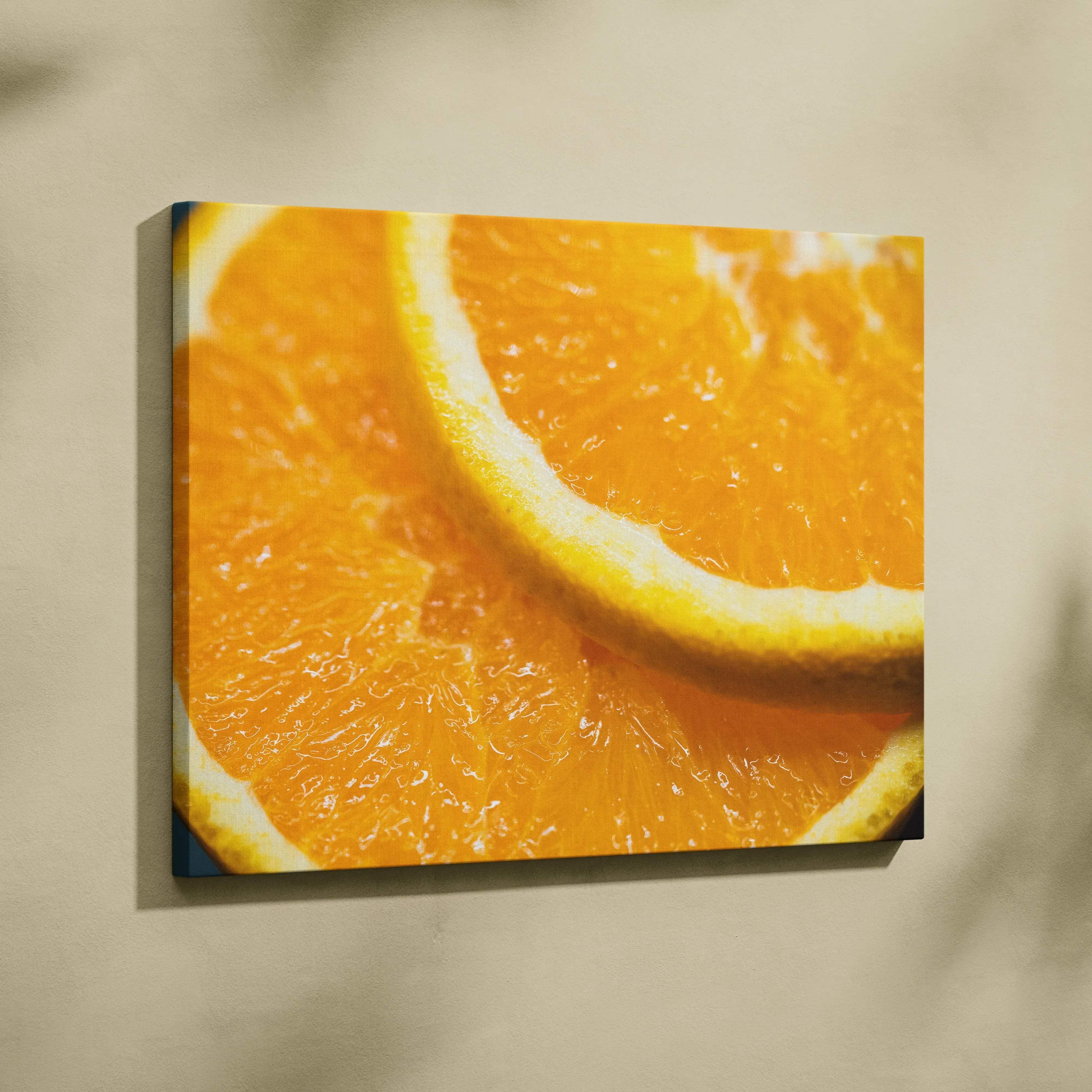 Vibrant orange slice wall art canvas print featuring juicy segments with glossy textured surface and bright sunset hues